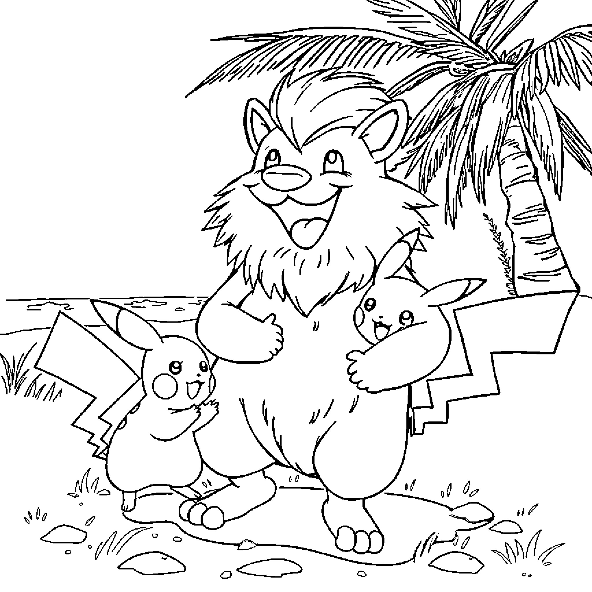 Australian Shepherd friends in tropical paradise Coloring Page (free black-and-white line drawing printable PDF for all, from beginners to advanced learners, including children, teens, adults, and seniors)