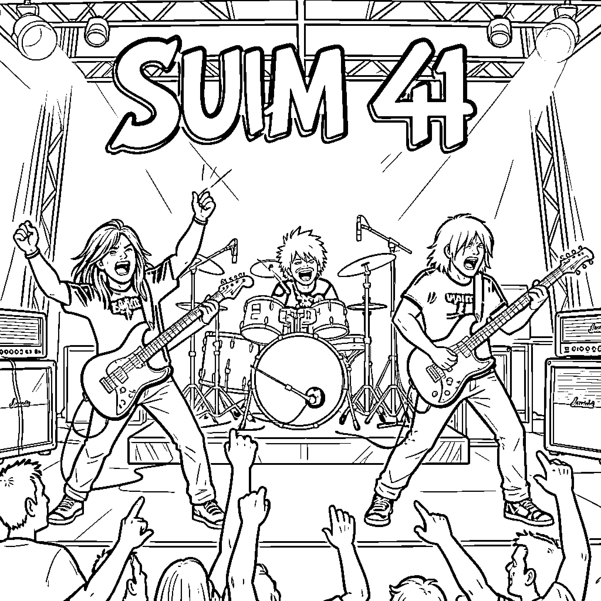 Sum 41 band performing energetically on stage Coloring Page (free black-and-white line drawing printable PDF for all, from beginners to advanced learners, including children, teens, adults, and seniors)