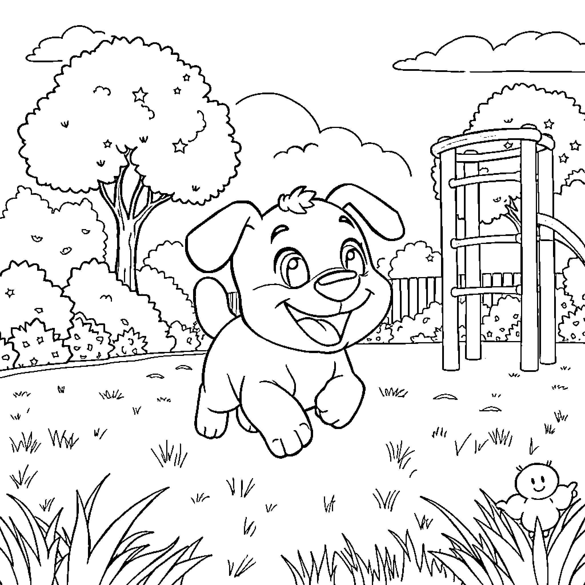 Bluey playing happily at the park Coloring Page (free black-and-white line drawing printable PDF for all, from beginners to advanced learners, including children, teens, adults, and seniors)