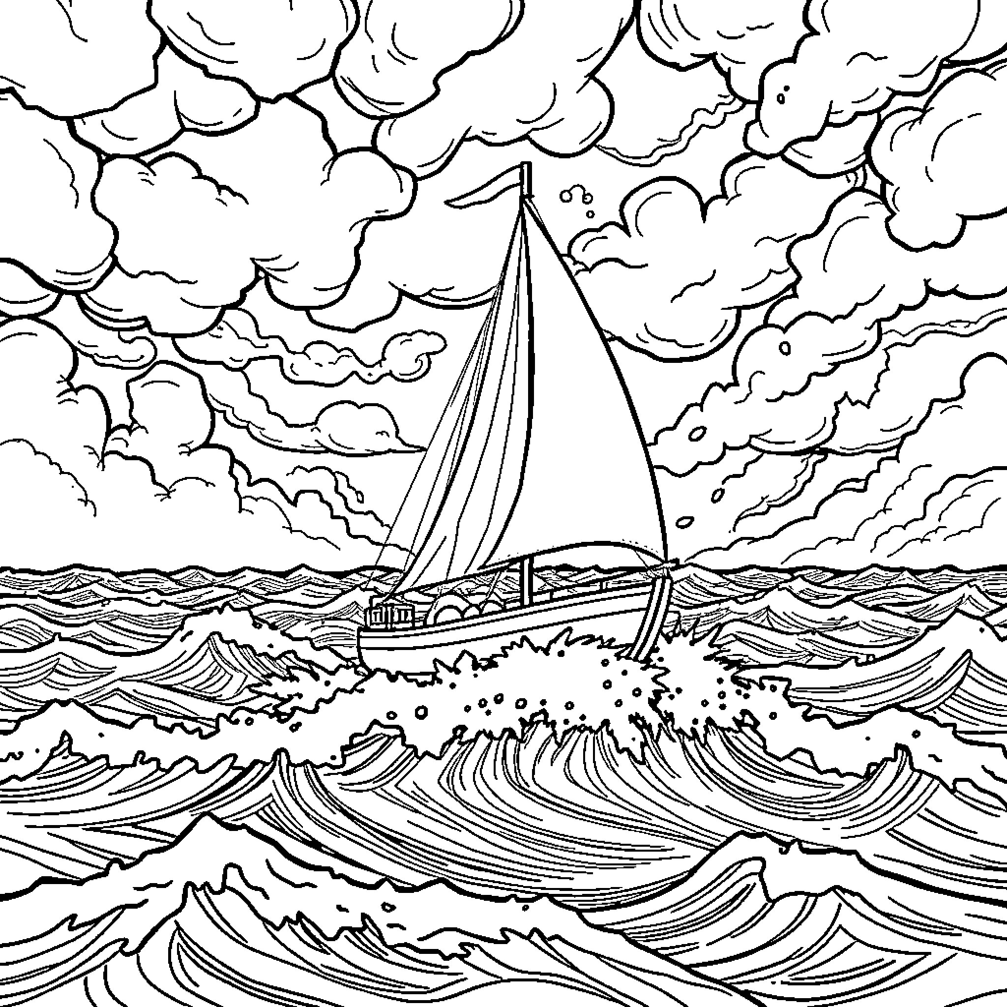 Boat sailing through stormy seas Coloring Page (free black-and-white line drawing printable PDF for all, from beginners to advanced learners, including children, teens, adults, and seniors)