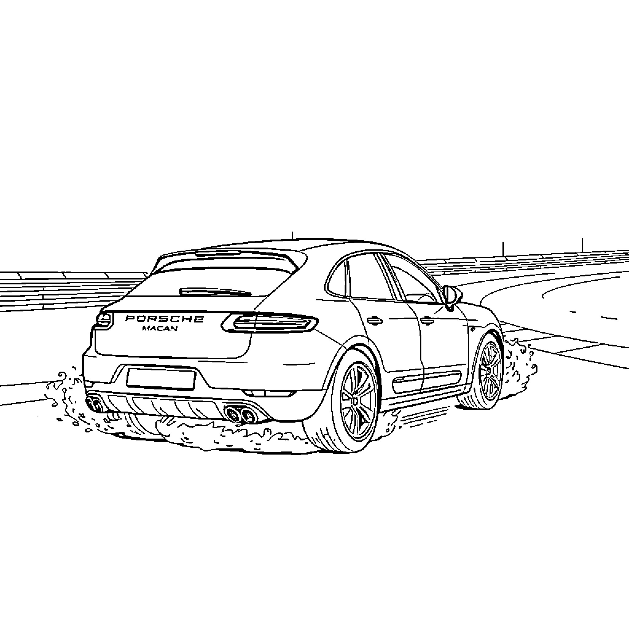 Porsche racing through mud and terrain Coloring Page (free black-and-white line drawing printable PDF for all, from beginners to advanced learners, including children, teens, adults, and seniors)