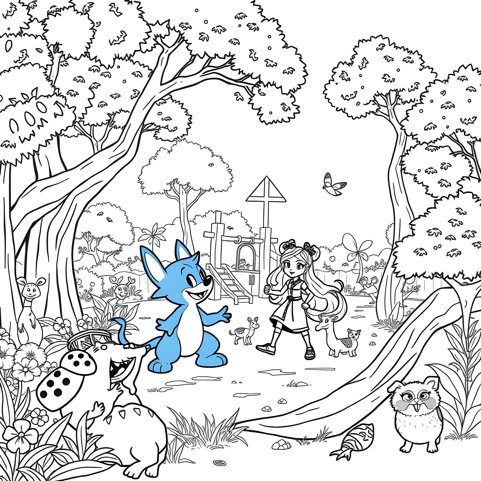 Disney Character Exploring Whimsical Forest Scene Coloring Page (free black-and-white line drawing printable PDF for all, from beginners to advanced learners, including children, teens, adults, and seniors)