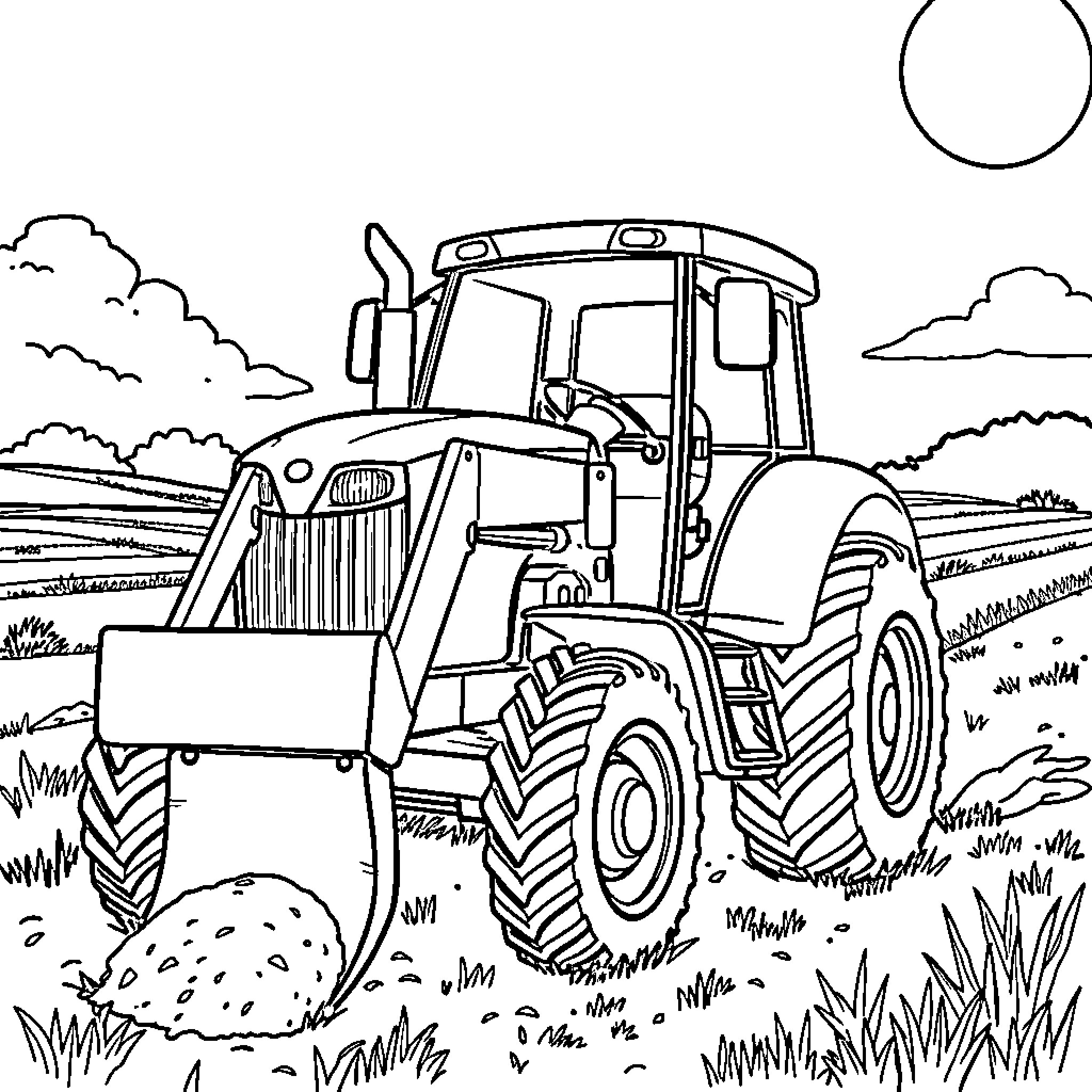 Tractor plowing the field on a sunny day Coloring Page (free black-and-white line drawing printable PDF for all, from beginners to advanced learners, including children, teens, adults, and seniors)