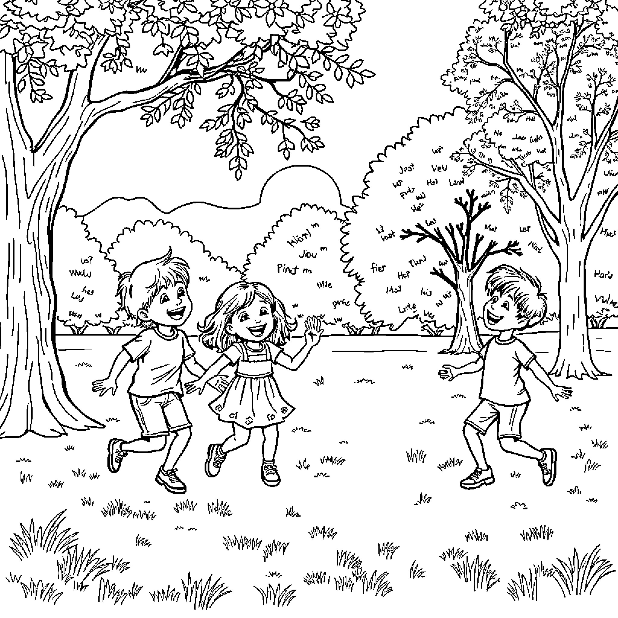 Kids playing happily in the park Coloring Page (free black-and-white line drawing printable PDF for all, from beginners to advanced learners, including children, teens, adults, and seniors)