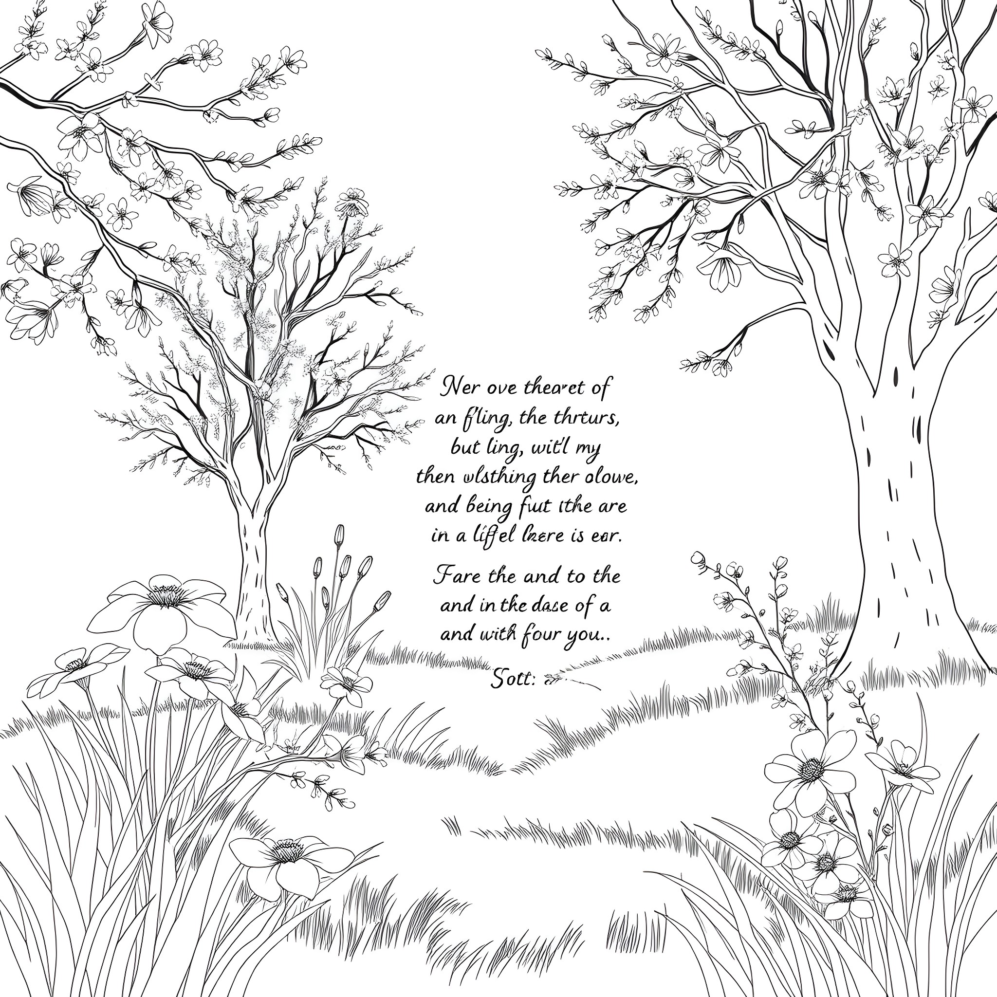 Spring Blossoms and Serene Countryside Coloring Page (free black-and-white line drawing printable PDF for all, from beginners to advanced learners, including children, teens, adults, and seniors)