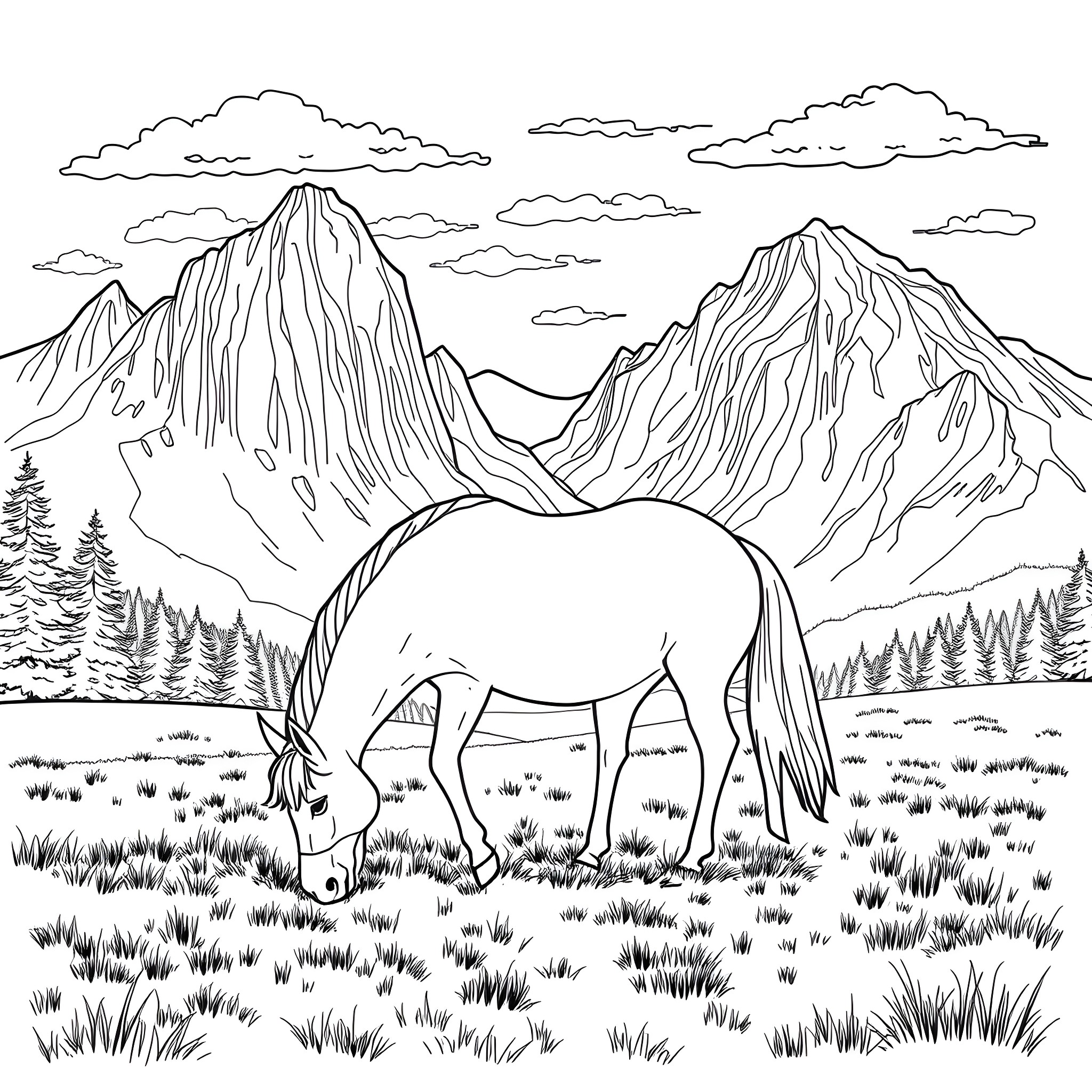 Miss Melody's Majestic Mountain Meadow Coloring Page (free black-and-white line drawing printable PDF for all, from beginners to advanced learners, including children, teens, adults, and seniors)