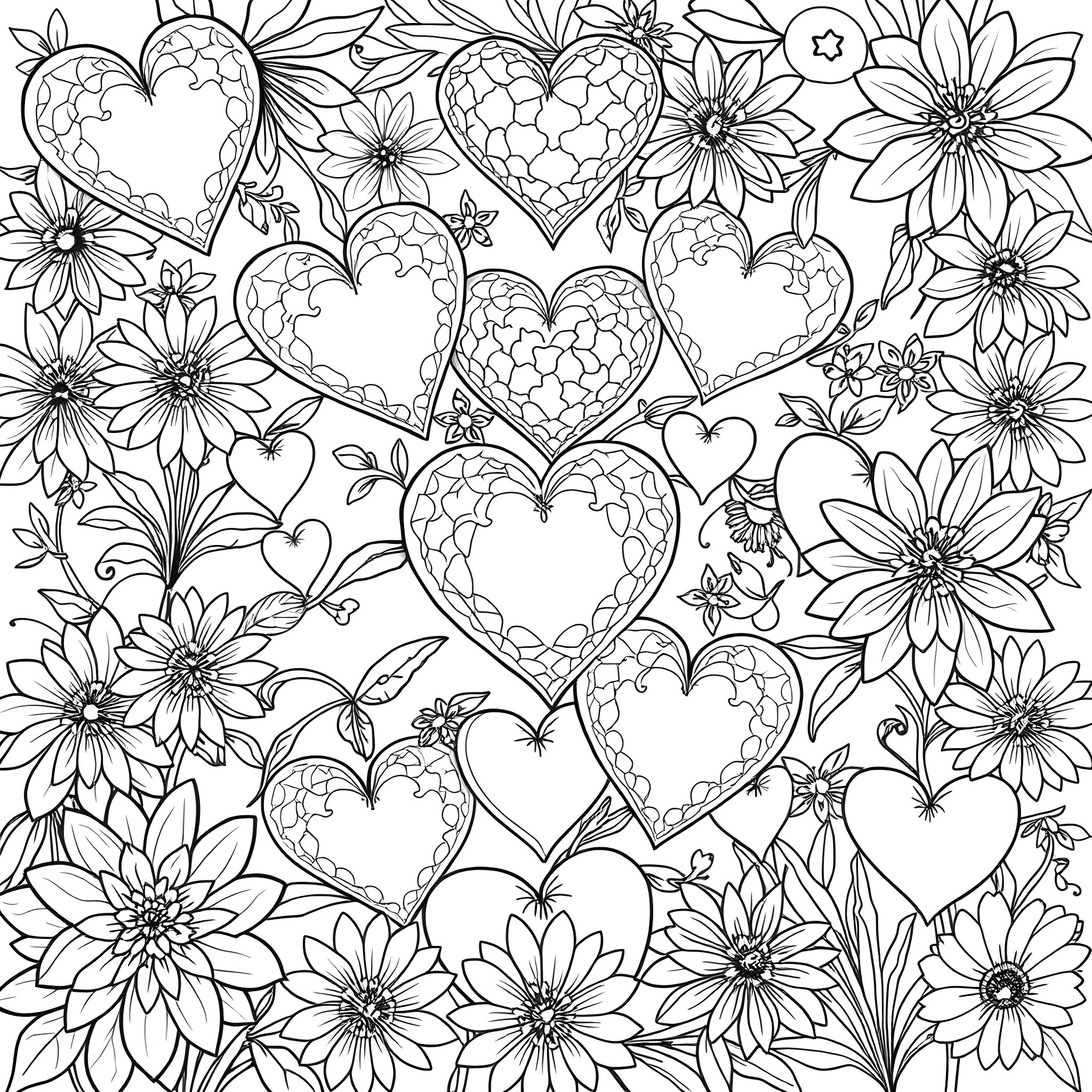 Heart-shaped Flowers Blooming in Nature Coloring Page (free black-and-white line drawing printable PDF for all, from beginners to advanced learners, including children, teens, adults, and seniors)