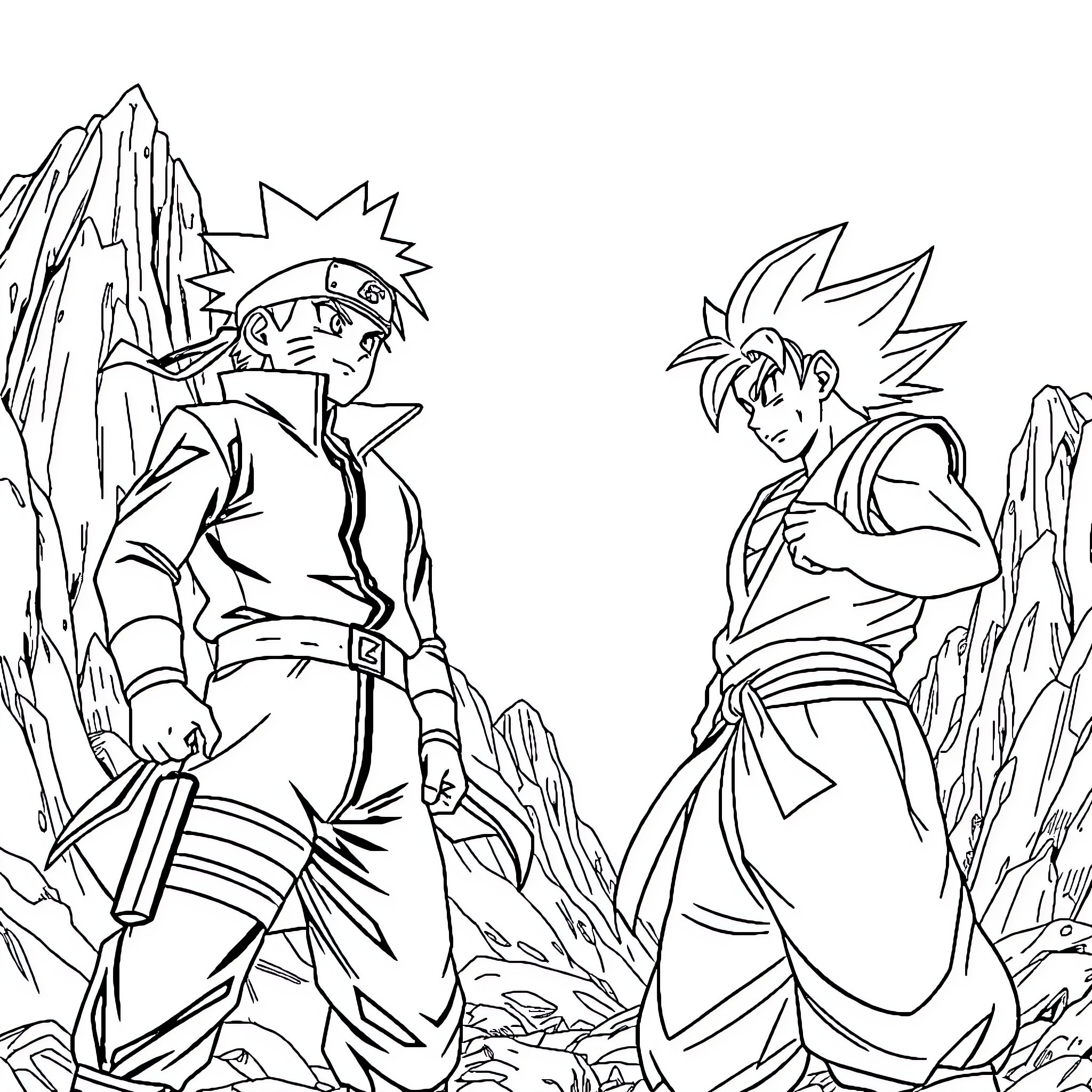 Naruto characters in a rocky landscape Coloring Page (free black-and-white line drawing printable PDF for all, from beginners to advanced learners, including children, teens, adults, and seniors)