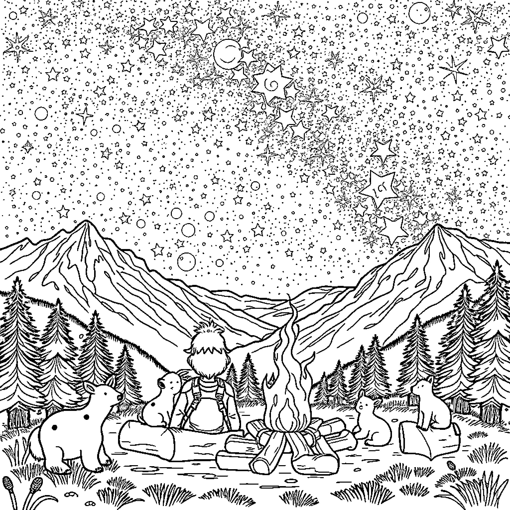 Kids enjoying campfire under starry night sky Coloring Page (free black-and-white line drawing printable PDF for all, from beginners to advanced learners, including children, teens, adults, and seniors)