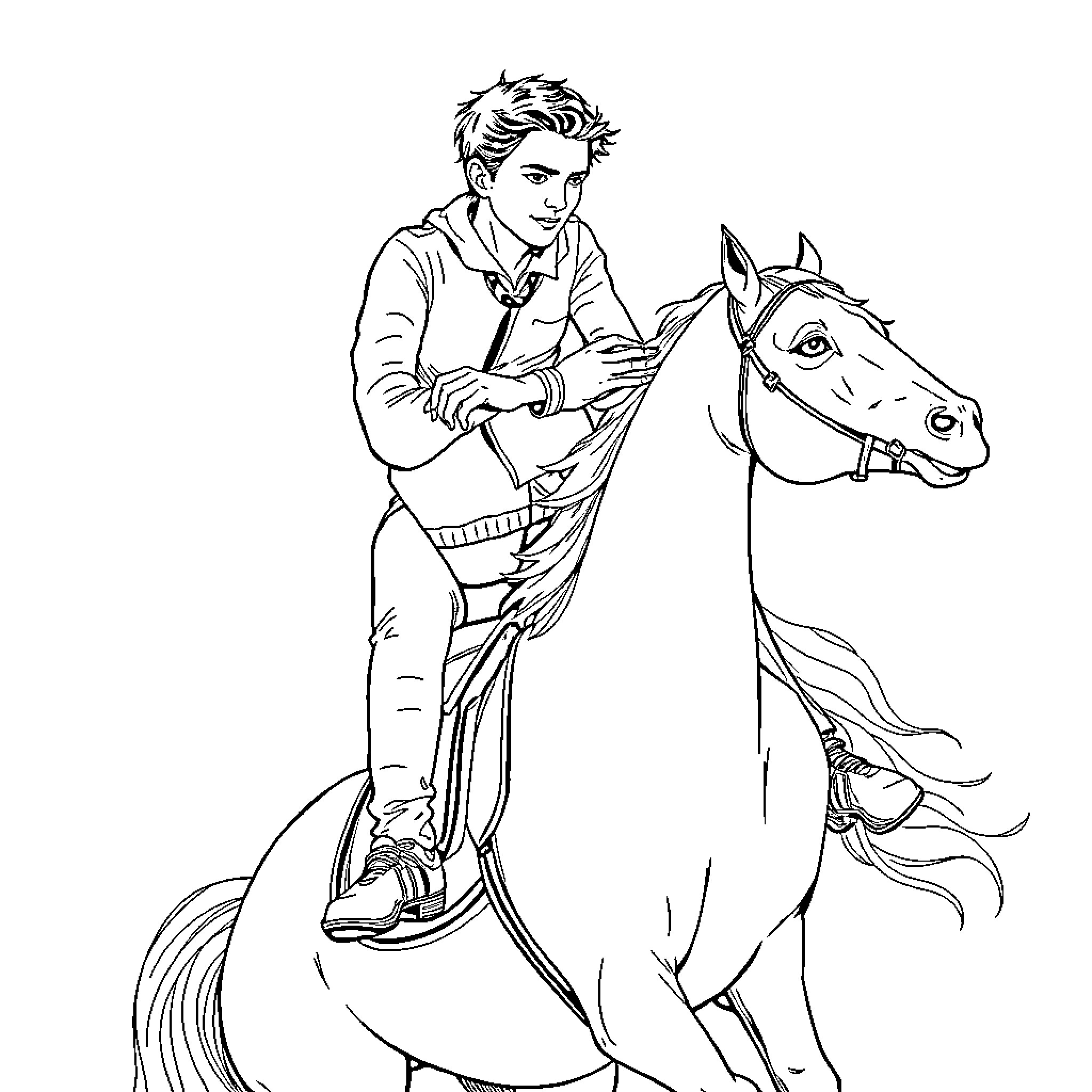 Edward Riding a Spirited Horse Coloring Page (free black-and-white line drawing printable PDF for all, from beginners to advanced learners, including children, teens, adults, and seniors)