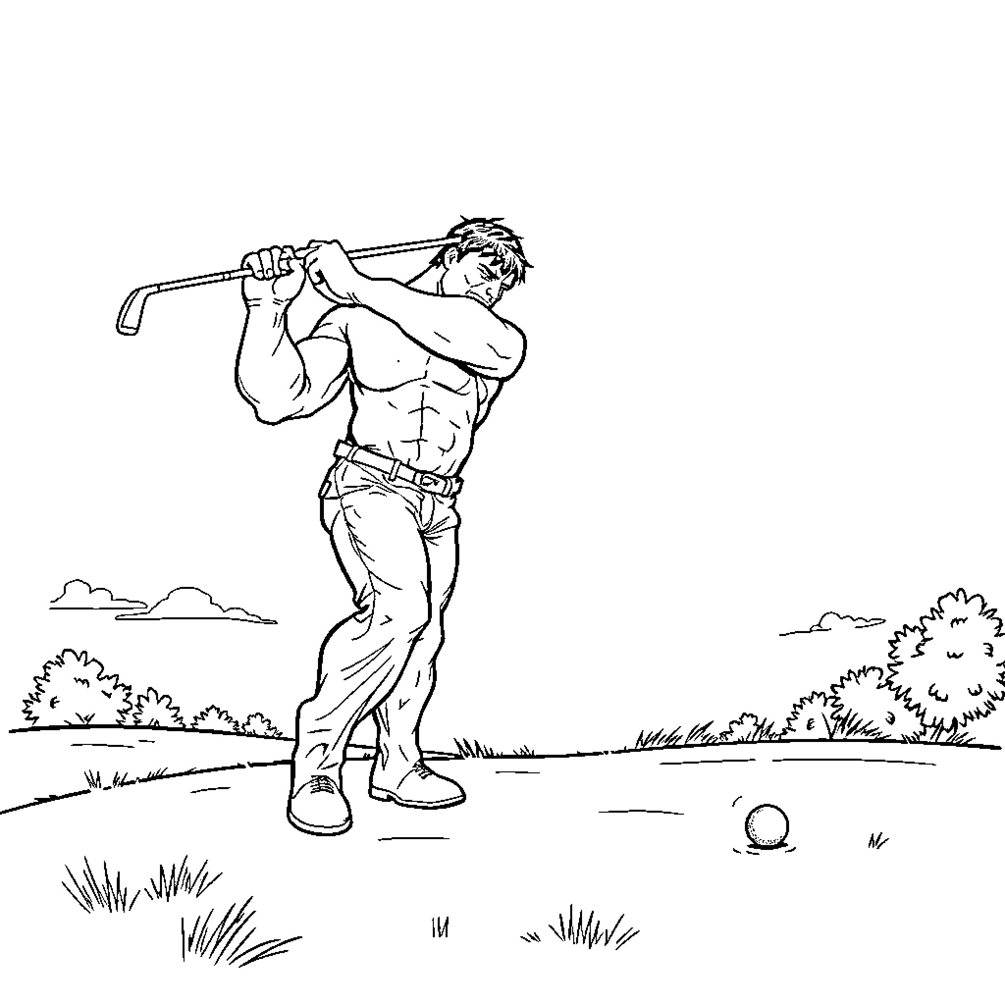 Hulk swinging golf club in outdoor setting Coloring Page (free black-and-white line drawing printable PDF for all, from beginners to advanced learners, including children, teens, adults, and seniors)