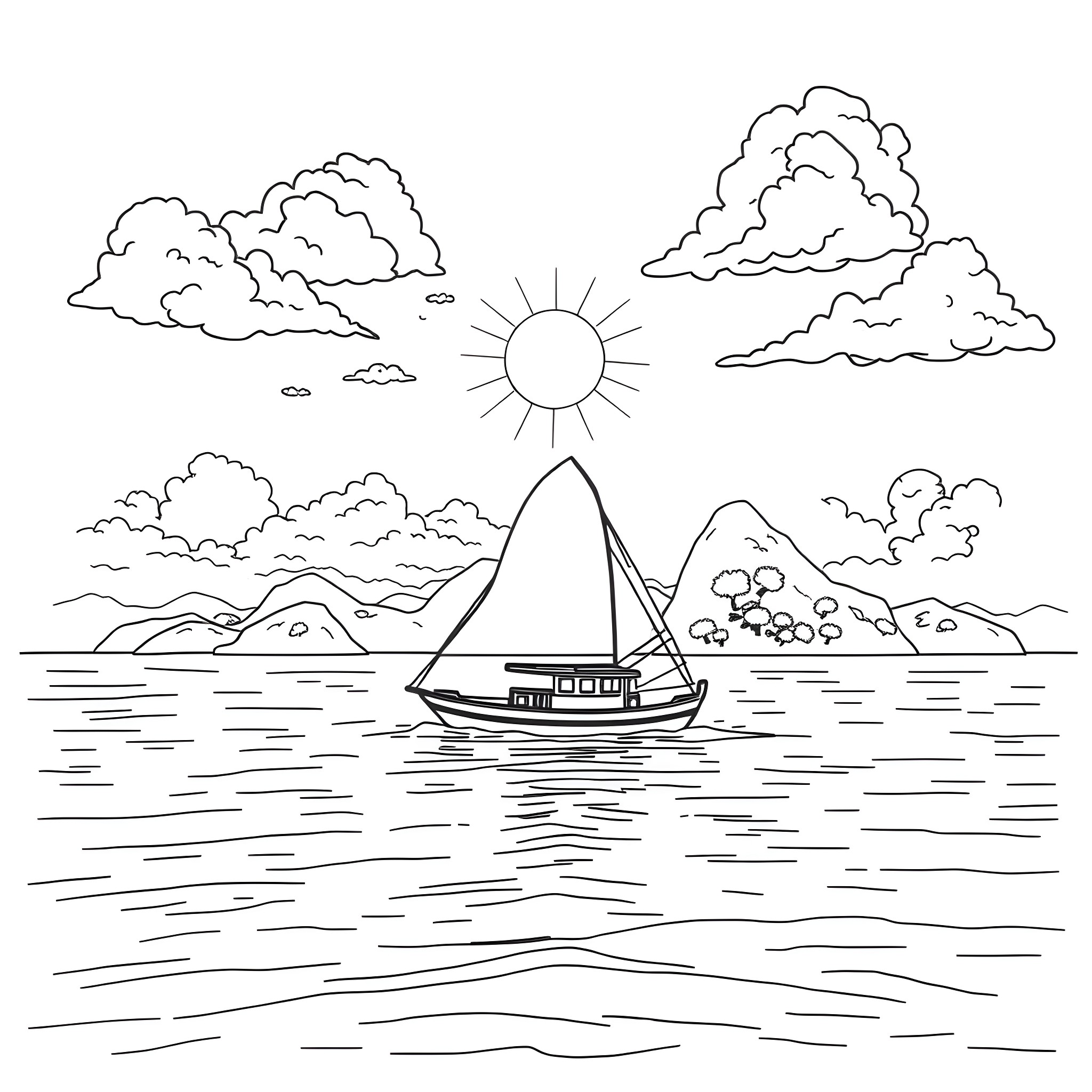 Fishing Ship Sailing on a Calm Sea Coloring Page (free black-and-white line drawing printable PDF for all, from beginners to advanced learners, including children, teens, adults, and seniors)