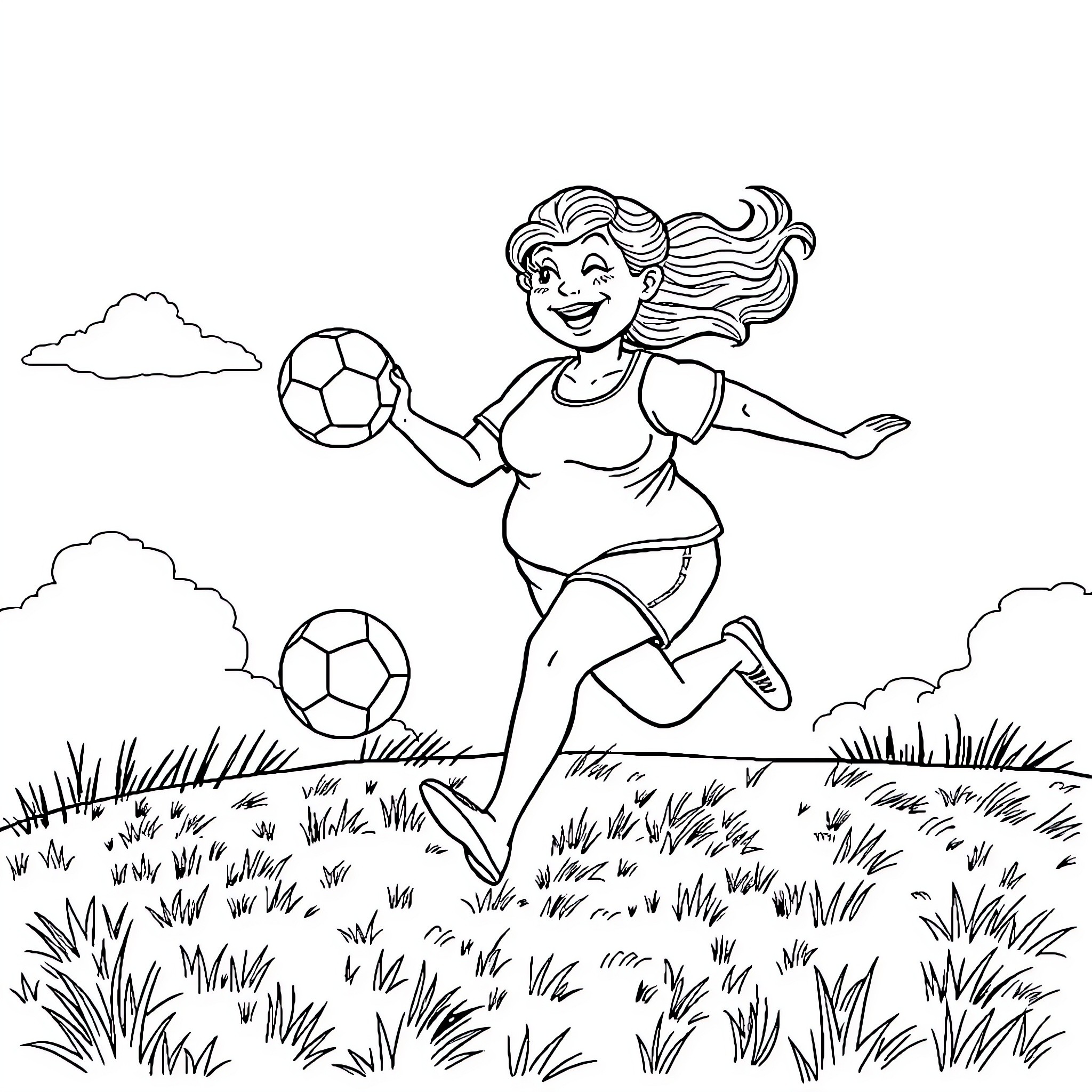 Woman playing soccer joyfully in the field Coloring Page (free black-and-white line drawing printable PDF for all, from beginners to advanced learners, including children, teens, adults, and seniors)