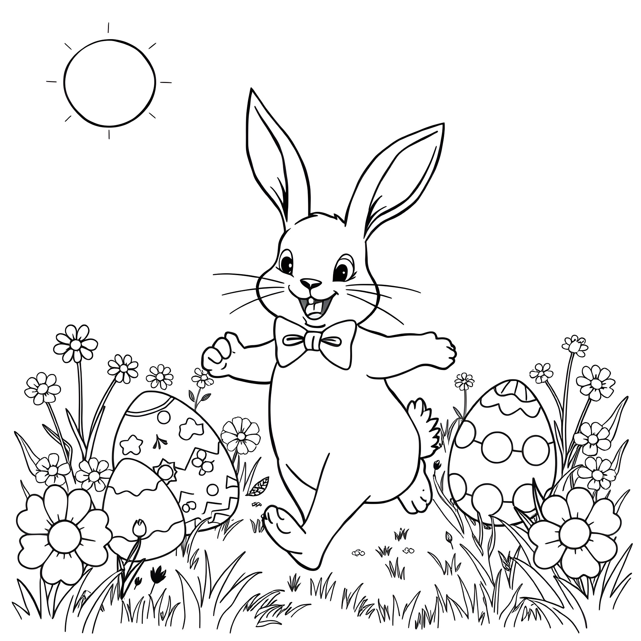 Rabbit playing joyfully in the garden surrounded by flowers Coloring Page (free black-and-white line drawing printable PDF for all, from beginners to advanced learners, including children, teens, adults, and seniors)