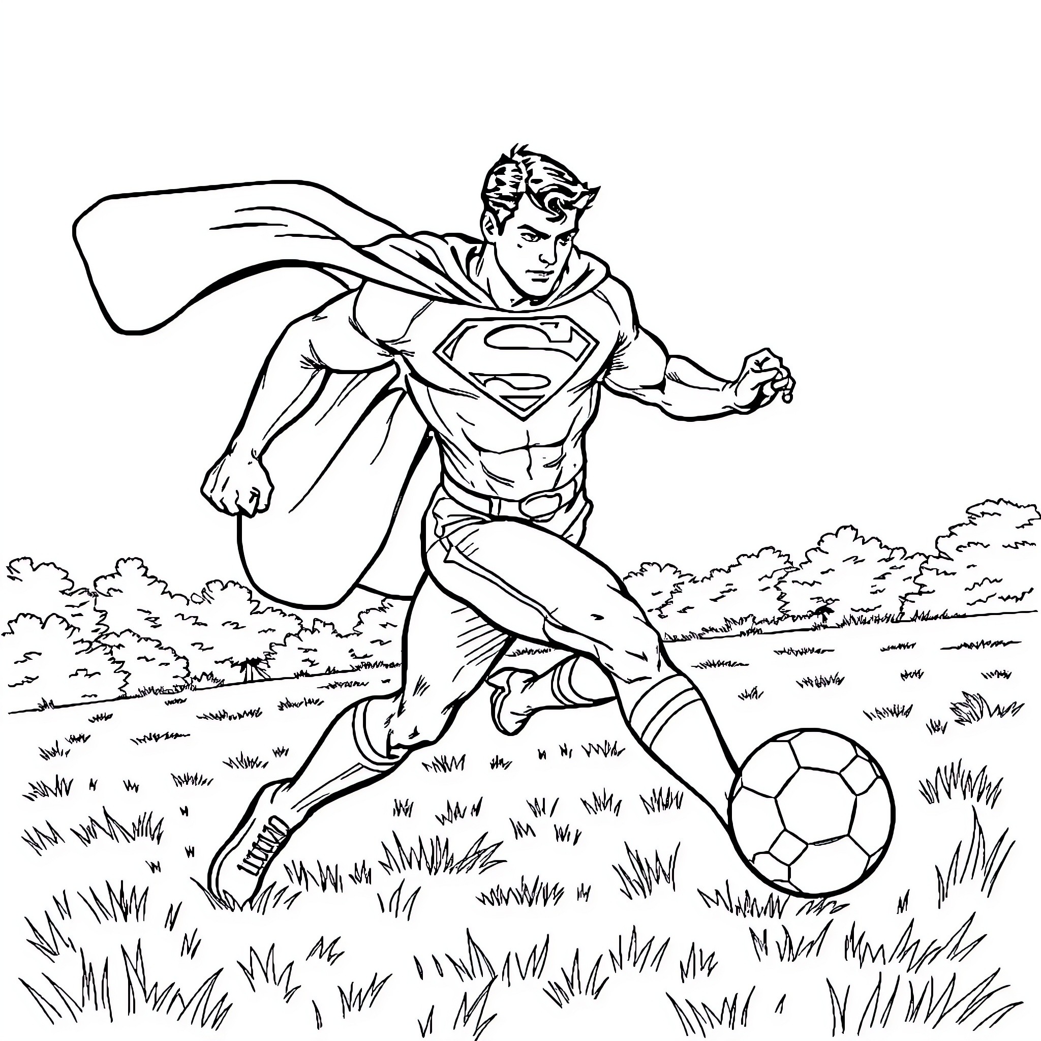 Super Man playing soccer in a field Coloring Page (free black-and-white line drawing printable PDF for all, from beginners to advanced learners, including children, teens, adults, and seniors)