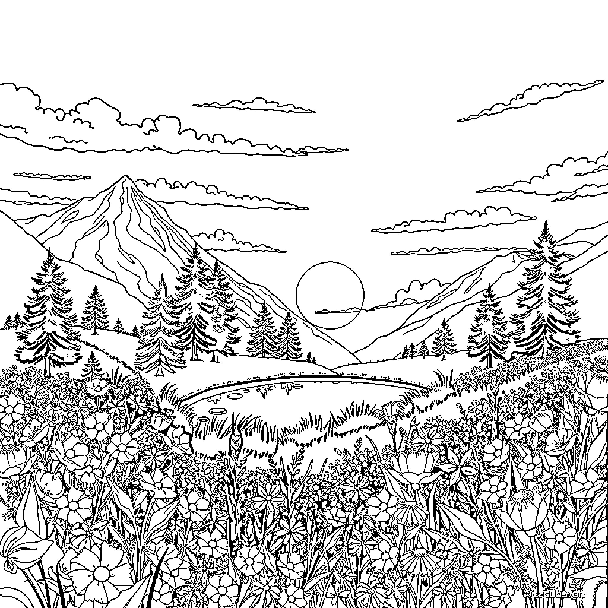 Sunset Scenic Landscape with Colorful Flowers Coloring Page (free black-and-white line drawing printable PDF for all, from beginners to advanced learners, including children, teens, adults, and seniors)