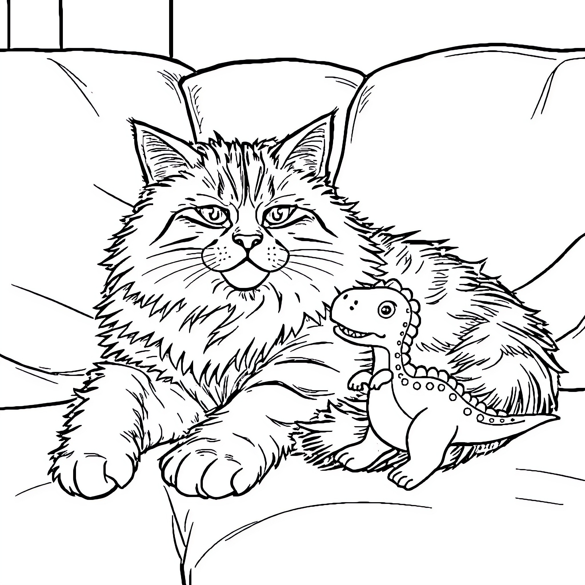 Cat playing with toy lizard on the floor Coloring Page (free black-and-white line drawing printable PDF for all, from beginners to advanced learners, including children, teens, adults, and seniors)