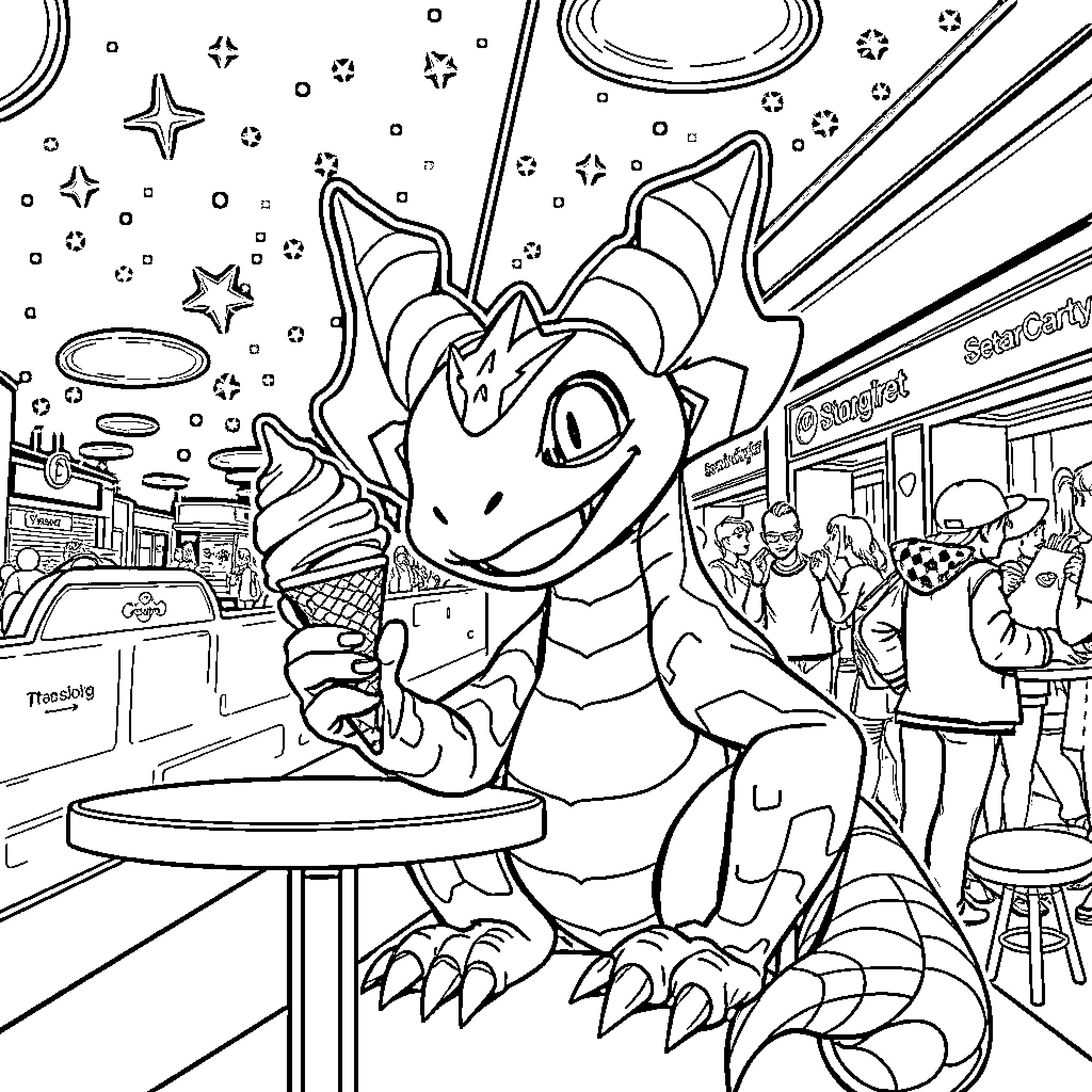 Demogorgon Diner: Creature Dining at the Cosmic Cafe Coloring Page (free black-and-white line drawing printable PDF for all, from beginners to advanced learners, including children, teens, adults, and seniors)