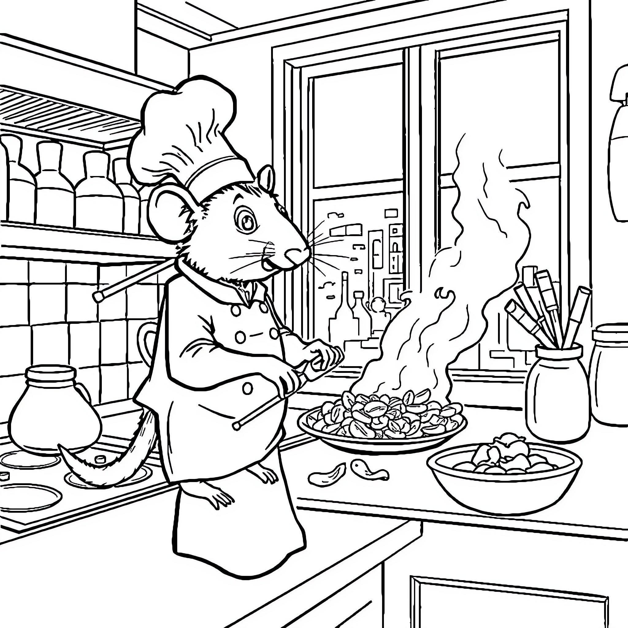 Remy the Chef's Culinary Creations Coloring Page (free black-and-white line drawing printable PDF for all, from beginners to advanced learners, including children, teens, adults, and seniors)