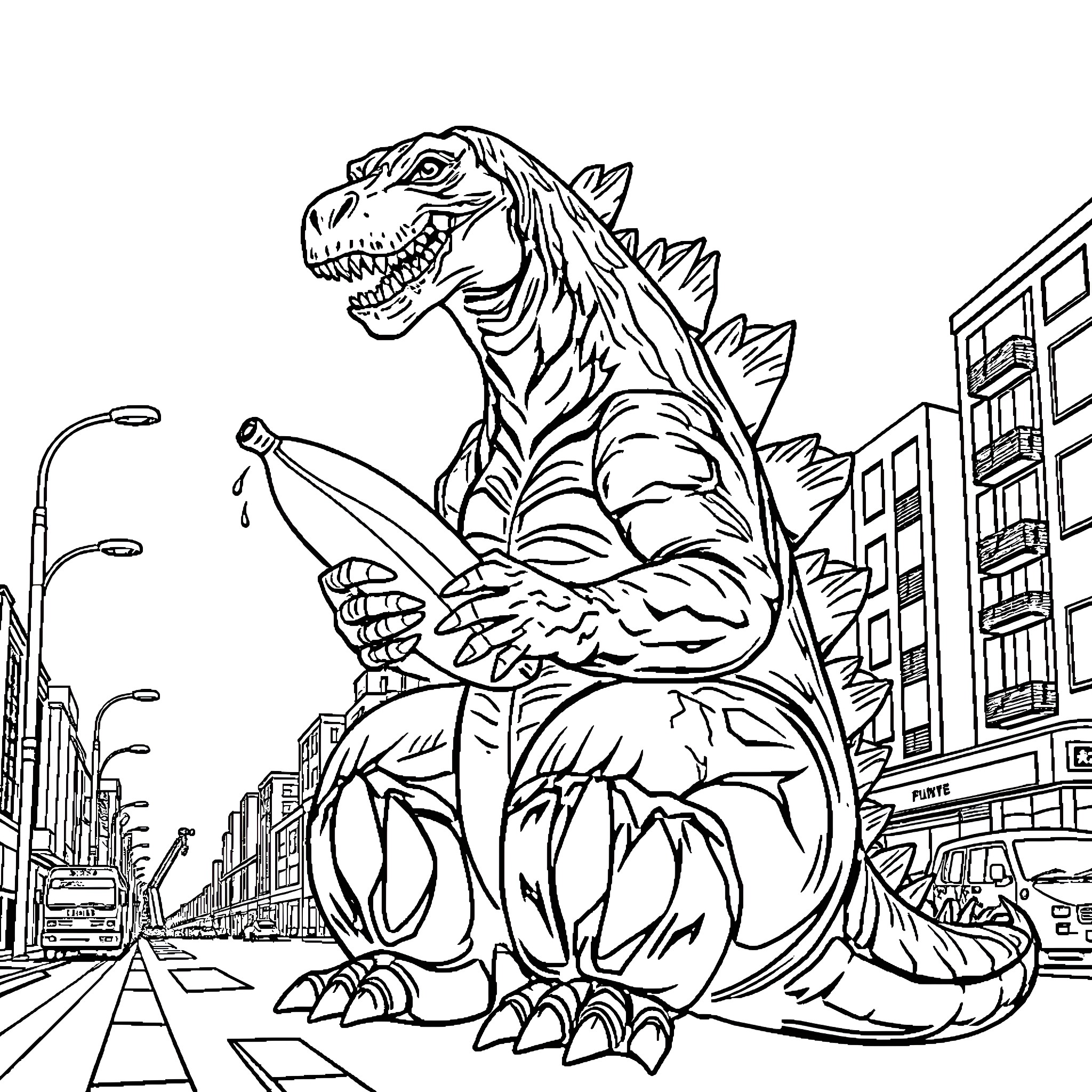 Godzilla rampaging through the city Coloring Page (free black-and-white line drawing printable PDF for all, from beginners to advanced learners, including children, teens, adults, and seniors)