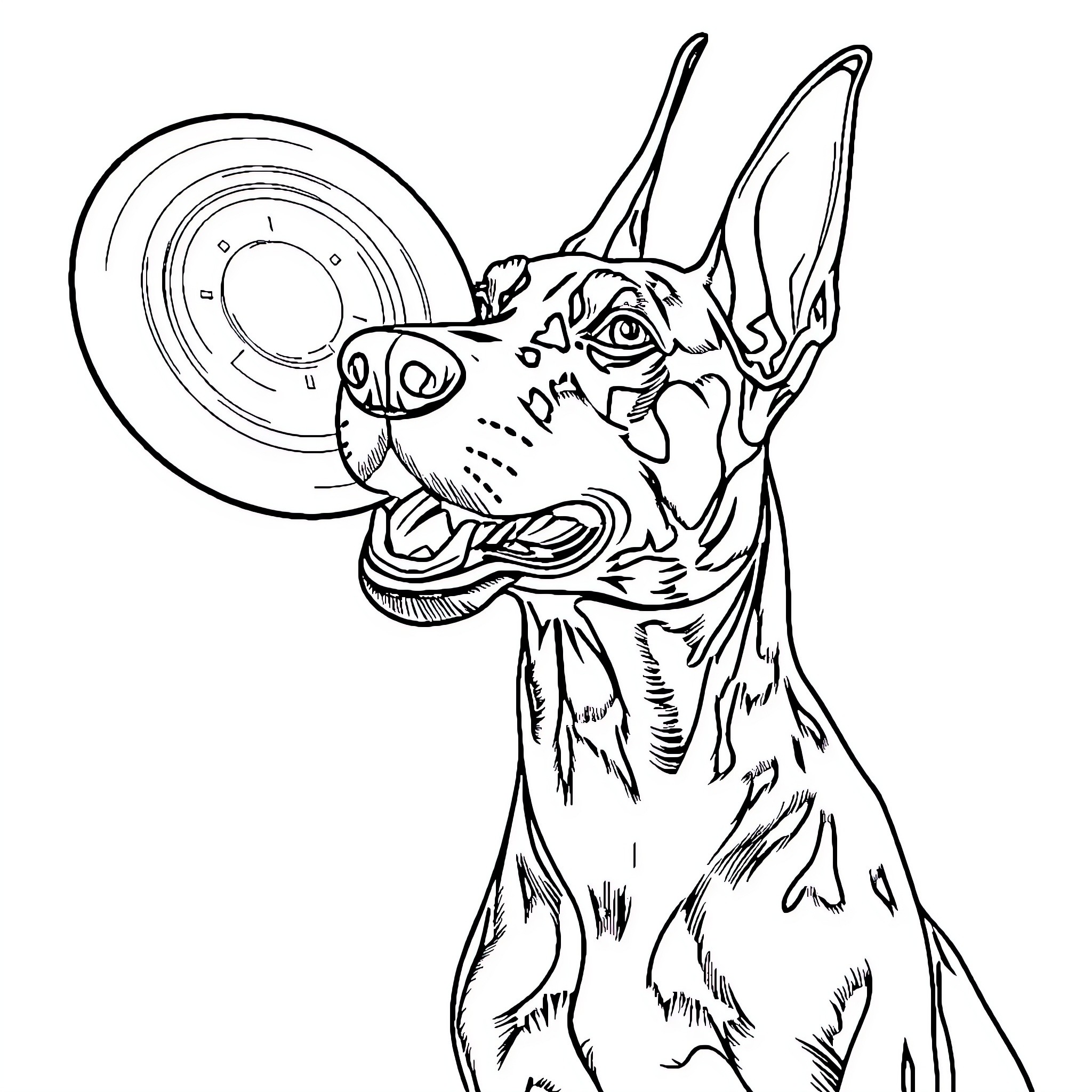 Doberman playing with a frisbee Coloring Page (free black-and-white line drawing printable PDF for all, from beginners to advanced learners, including children, teens, adults, and seniors)