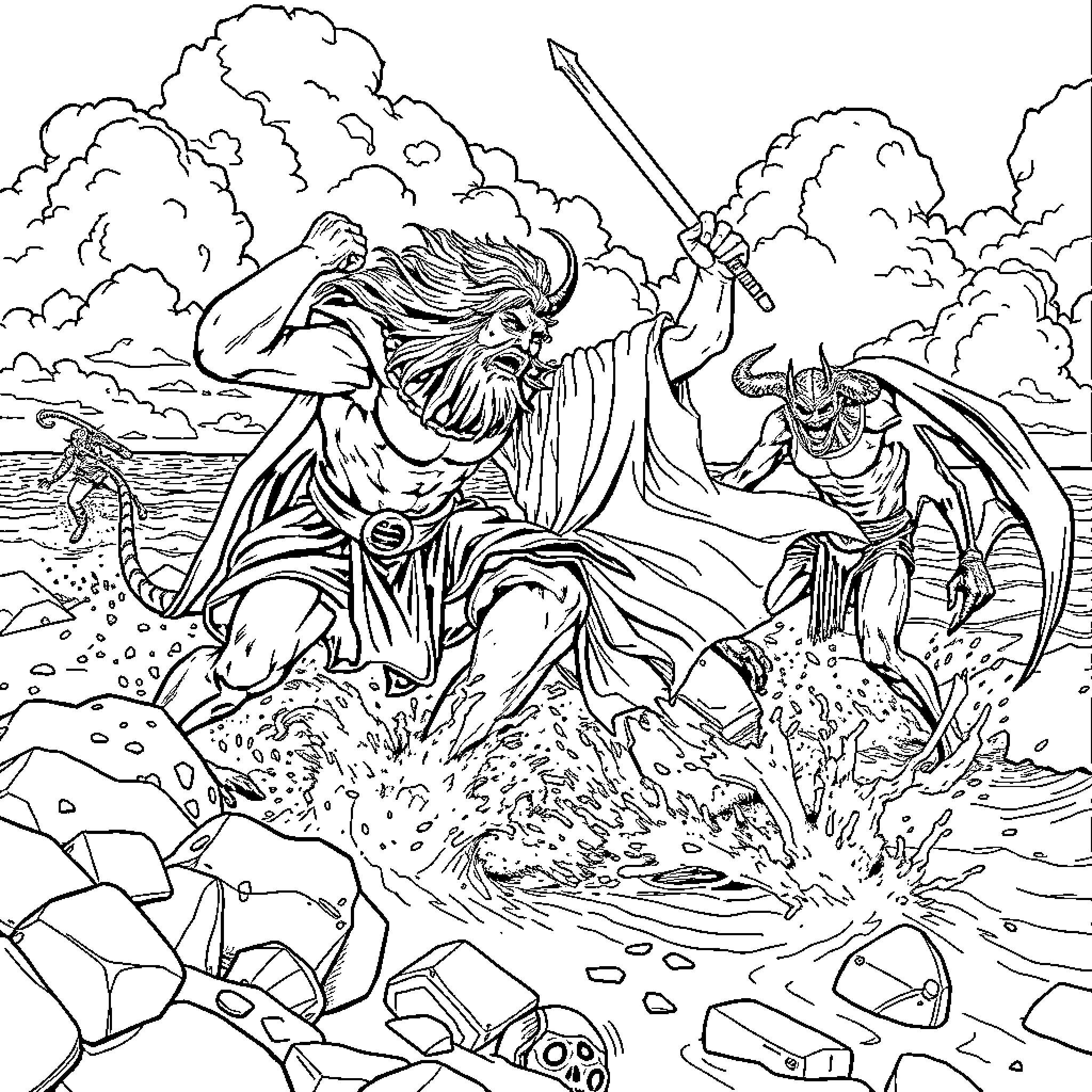 Rumi's Mystical Battle with Fantastical Creatures Coloring Page (free black-and-white line drawing printable PDF for all, from beginners to advanced learners, including children, teens, adults, and seniors)