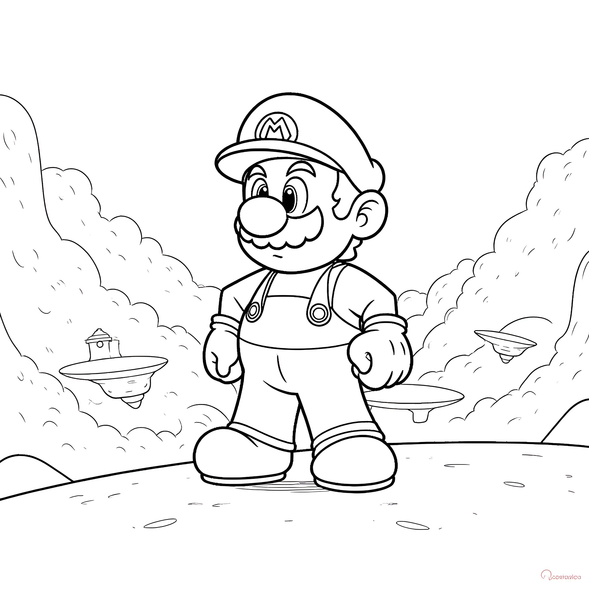 Mario exploring an alien landscape Coloring Page (free black-and-white line drawing printable PDF for all, from beginners to advanced learners, including children, teens, adults, and seniors)