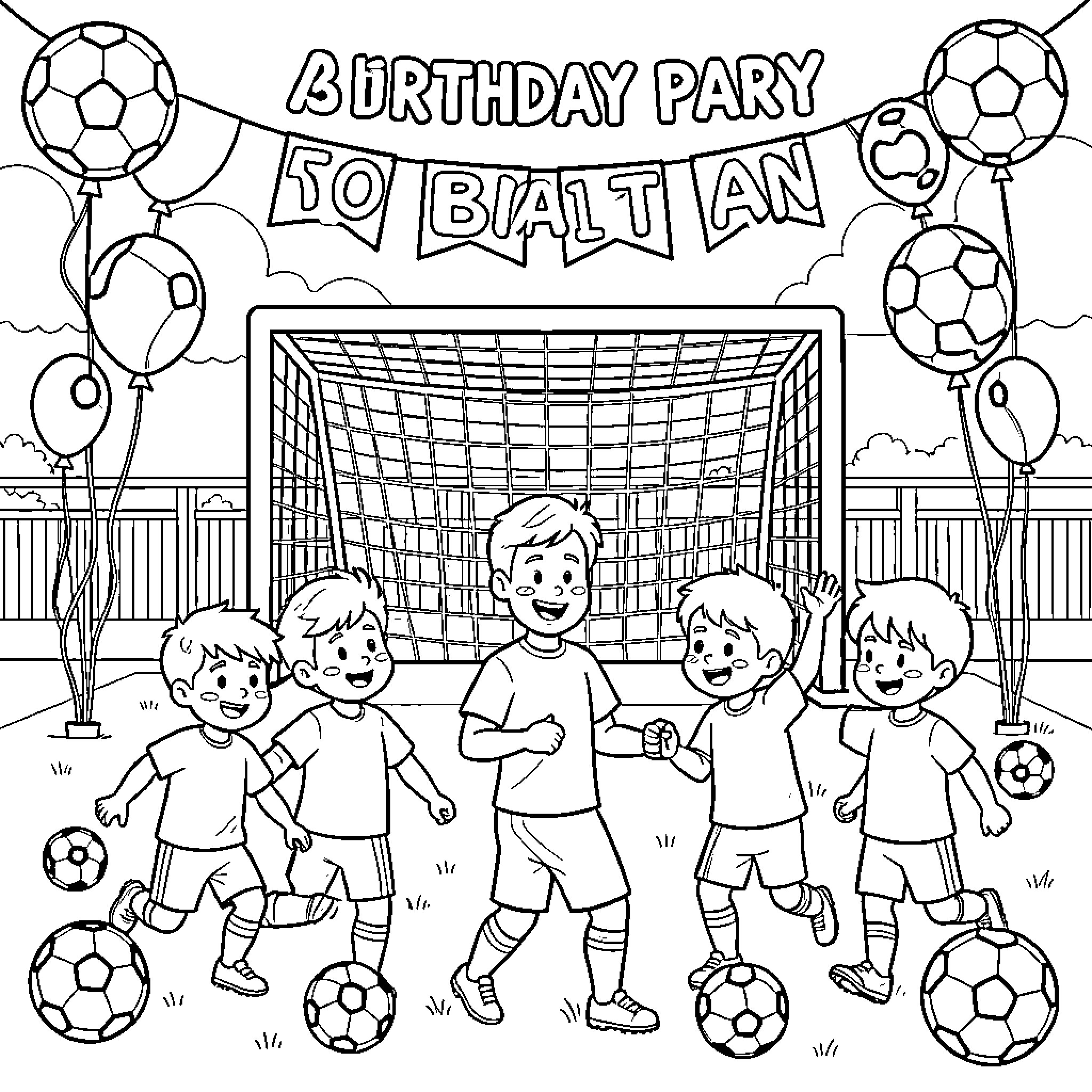 Soccer players celebrating at a birthday party Coloring Page (free black-and-white line drawing printable PDF for all, from beginners to advanced learners, including children, teens, adults, and seniors)