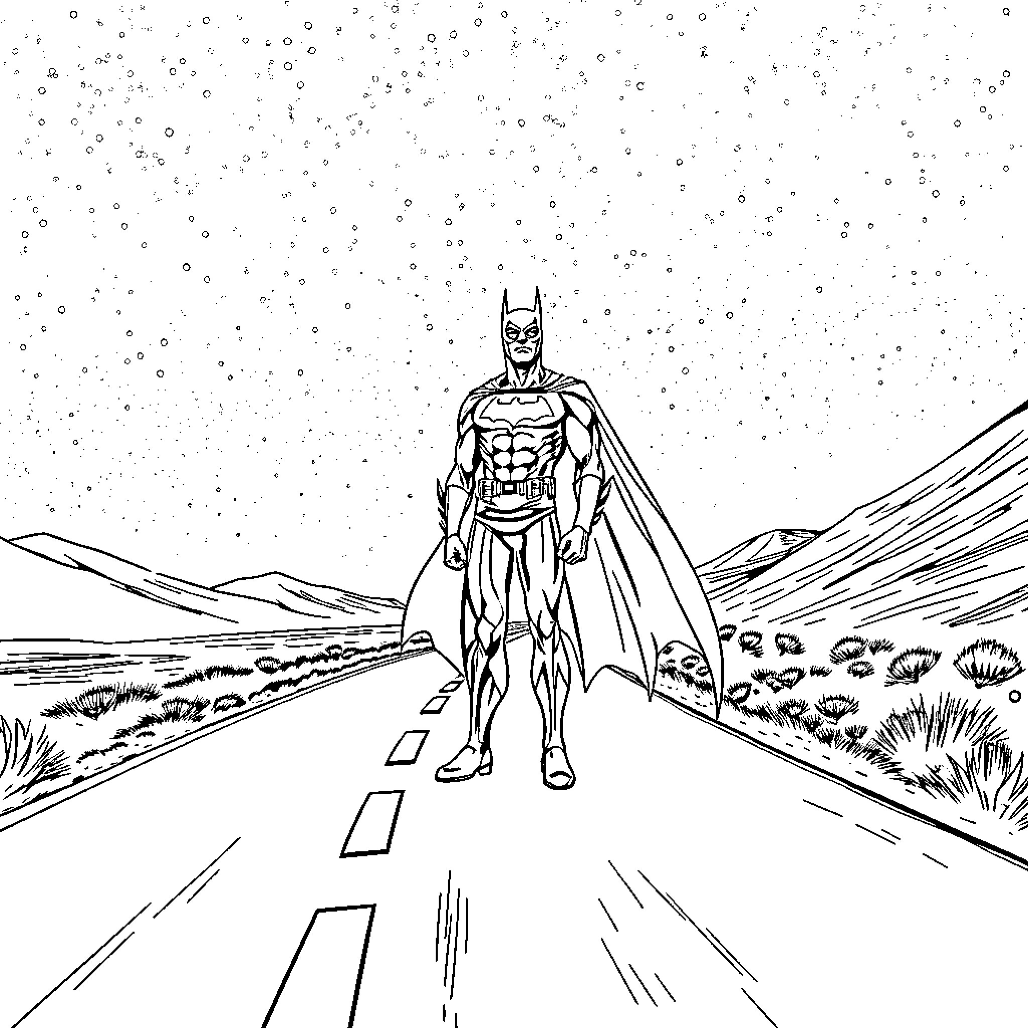 Batman traversing the desert at night Coloring Page (free black-and-white line drawing printable PDF for all, from beginners to advanced learners, including children, teens, adults, and seniors)
