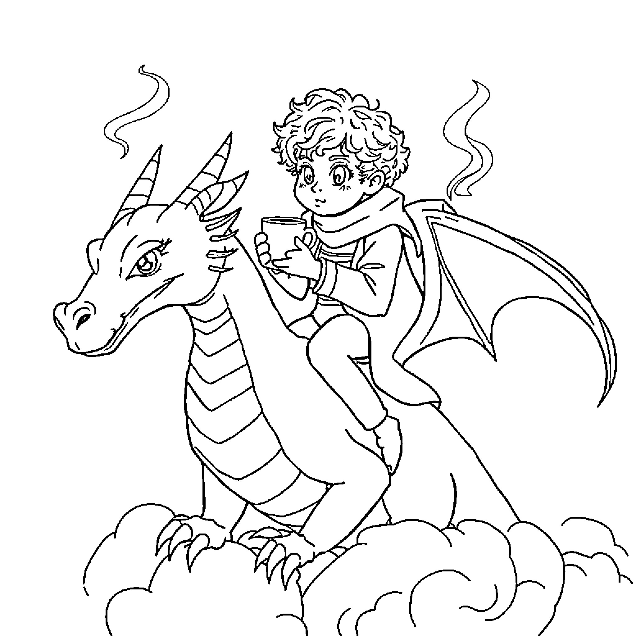 Slitherin' Dragon and Companion Explore the Skies Coloring Page (free black-and-white line drawing printable PDF for all, from beginners to advanced learners, including children, teens, adults, and seniors)