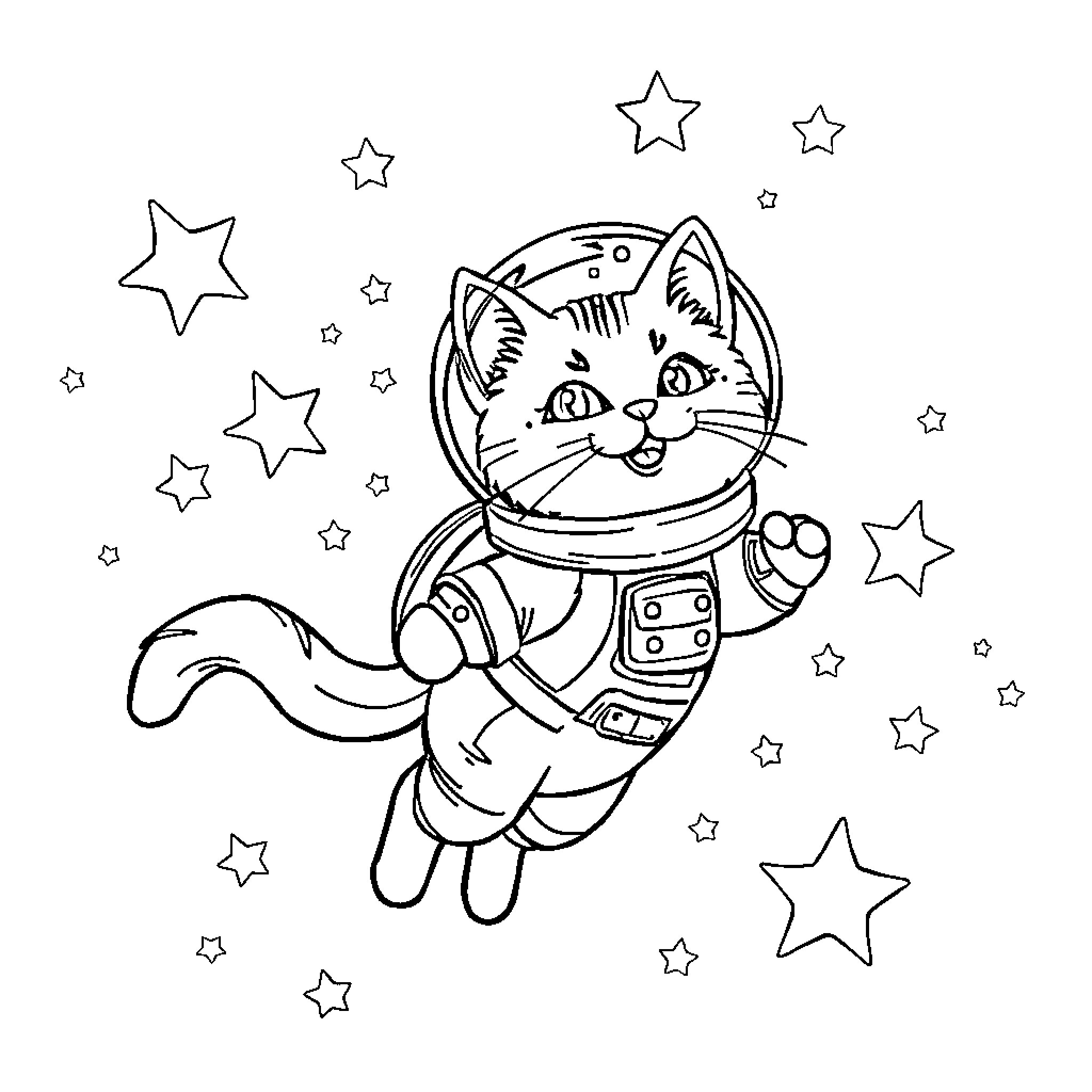 Astronaut cat exploring the cosmos with stars Coloring Page (free black-and-white line drawing printable PDF for all, from beginners to advanced learners, including children, teens, adults, and seniors)