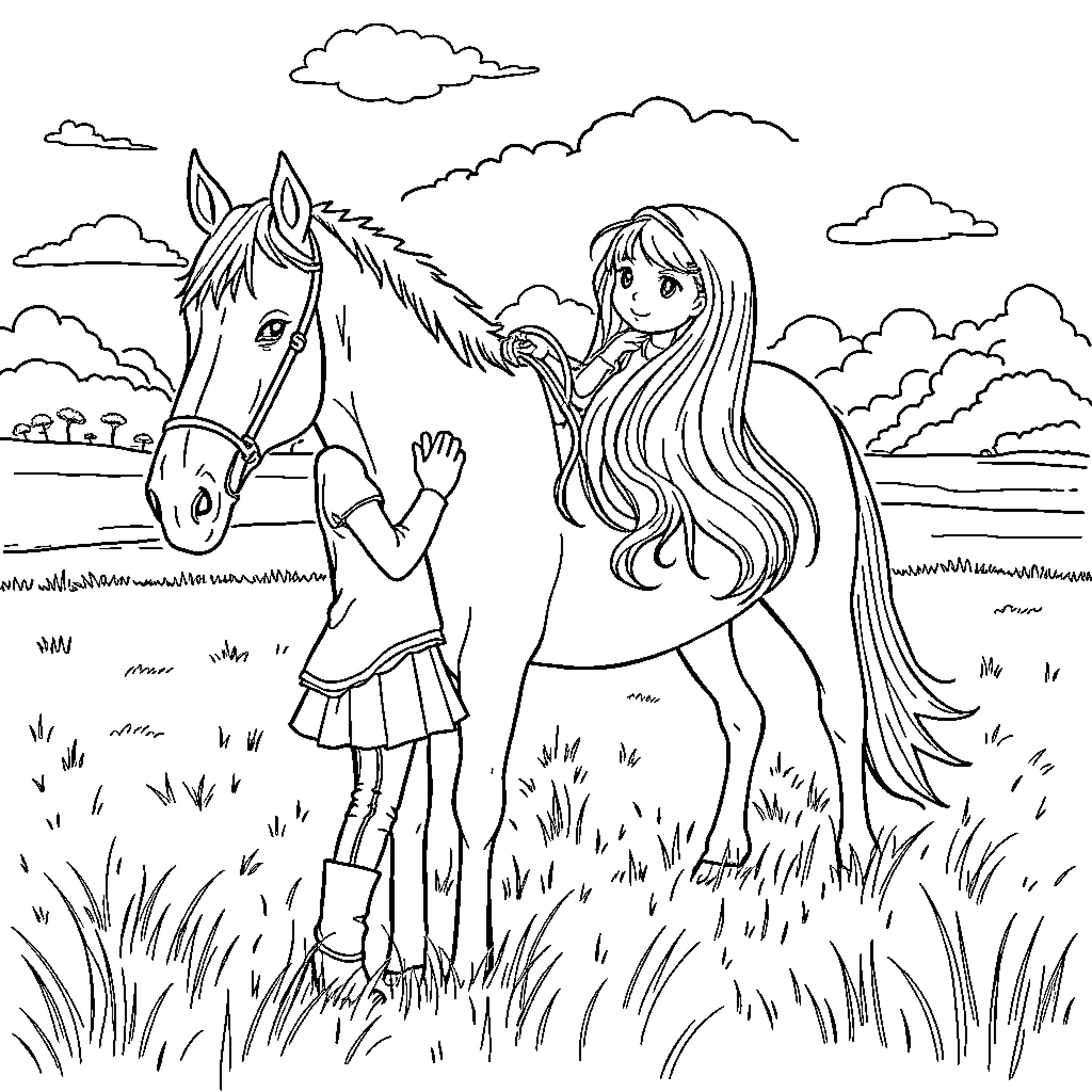 Girl petting a horse in a grassy field Coloring Page (free black-and-white line drawing printable PDF for all, from beginners to advanced learners, including children, teens, adults, and seniors)