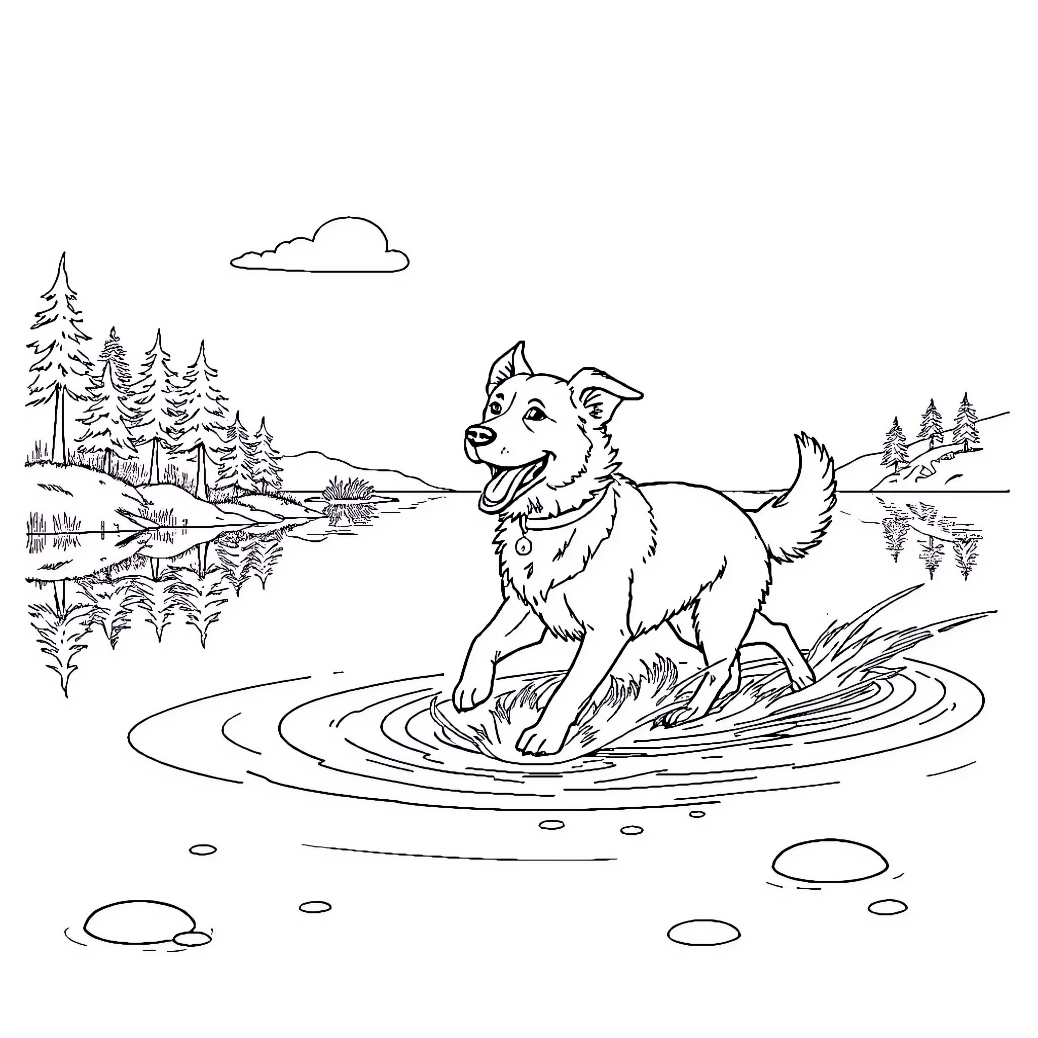 Dog playing joyfully in a tranquil lake Coloring Page (free black-and-white line drawing printable PDF for all, from beginners to advanced learners, including children, teens, adults, and seniors)