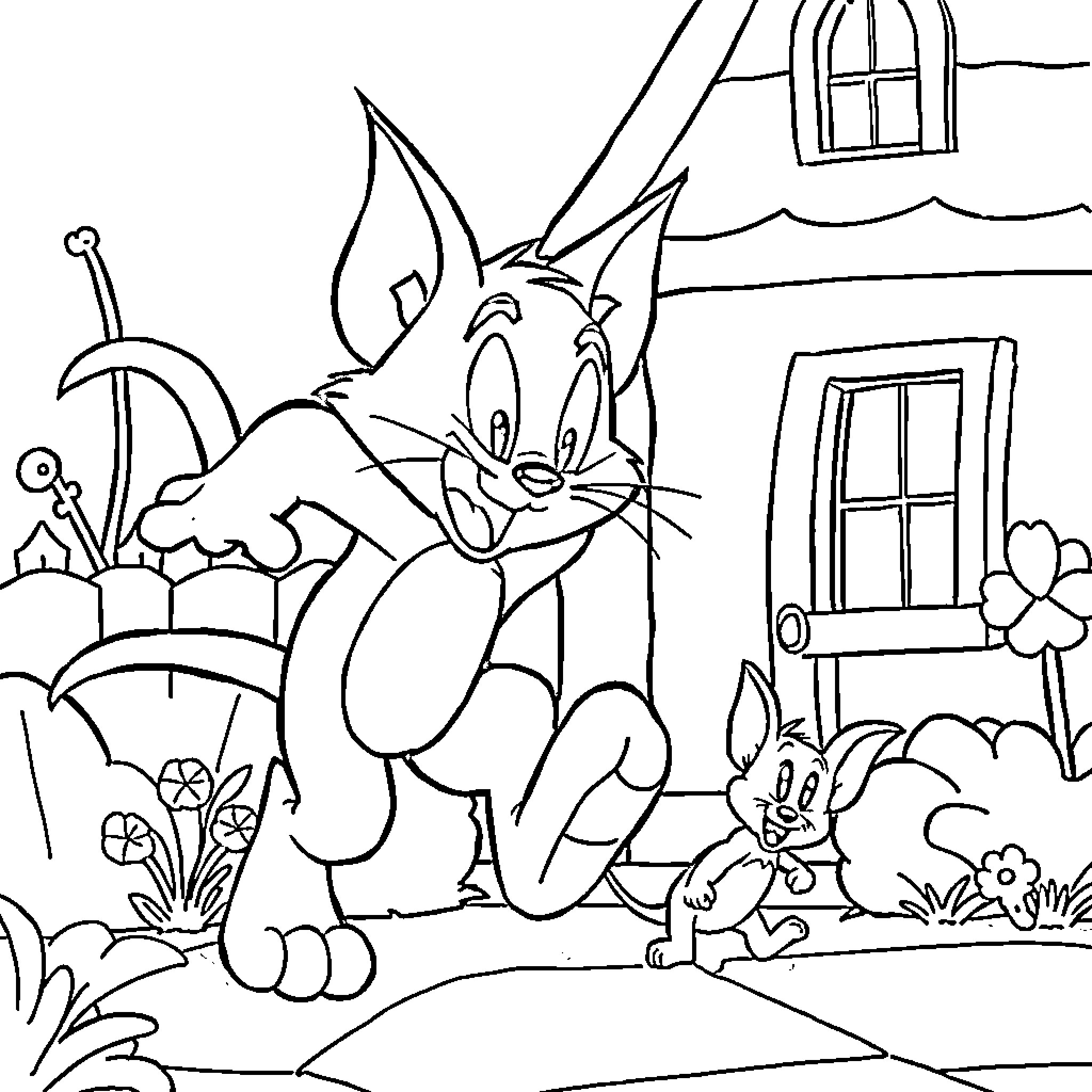 Tom and Jerry's Neighborhood Adventure Coloring Page (free black-and-white line drawing printable PDF for all, from beginners to advanced learners, including children, teens, adults, and seniors)