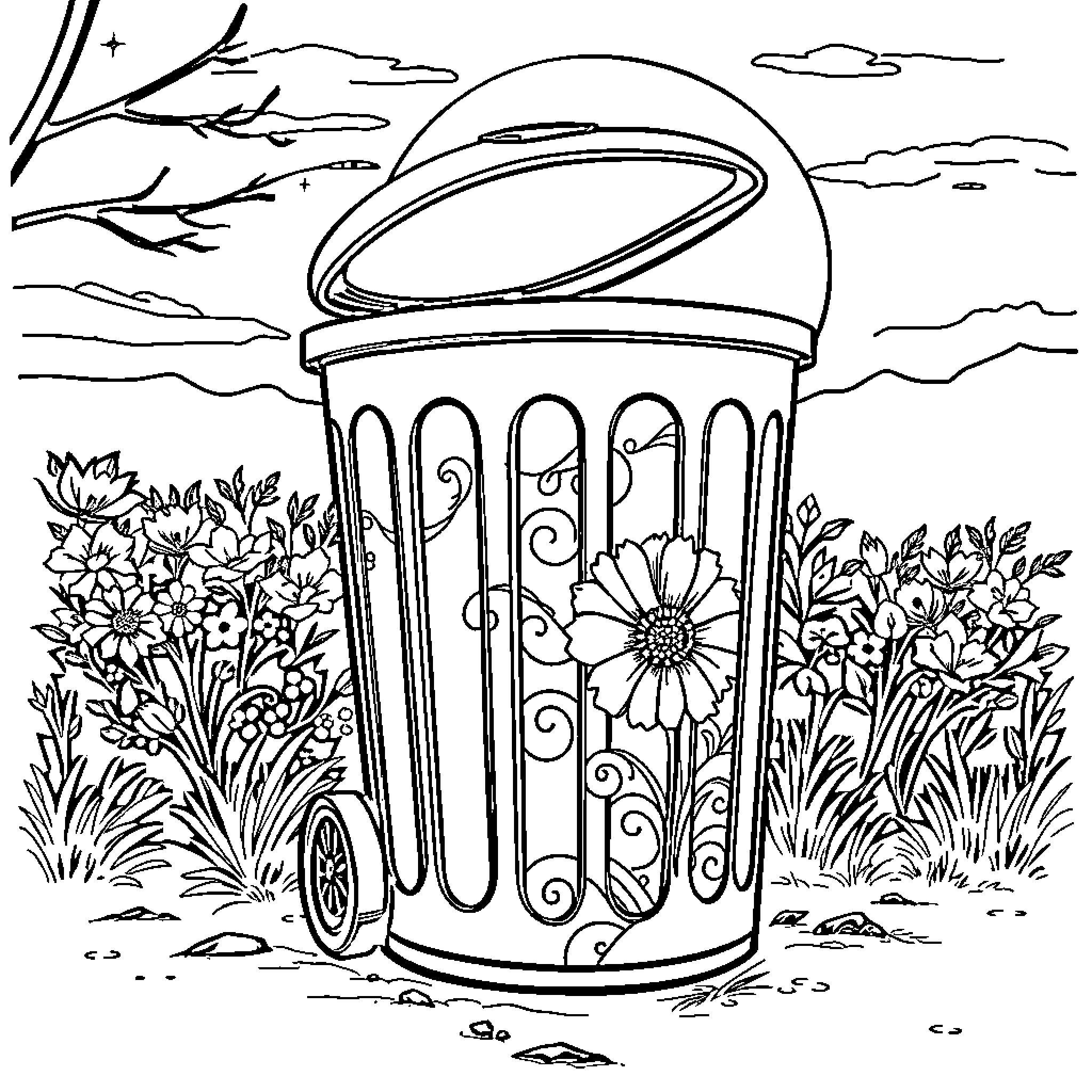 Geisha resting in a flower-filled gazebo Coloring Page (free black-and-white line drawing printable PDF for all, from beginners to advanced learners, including children, teens, adults, and seniors)