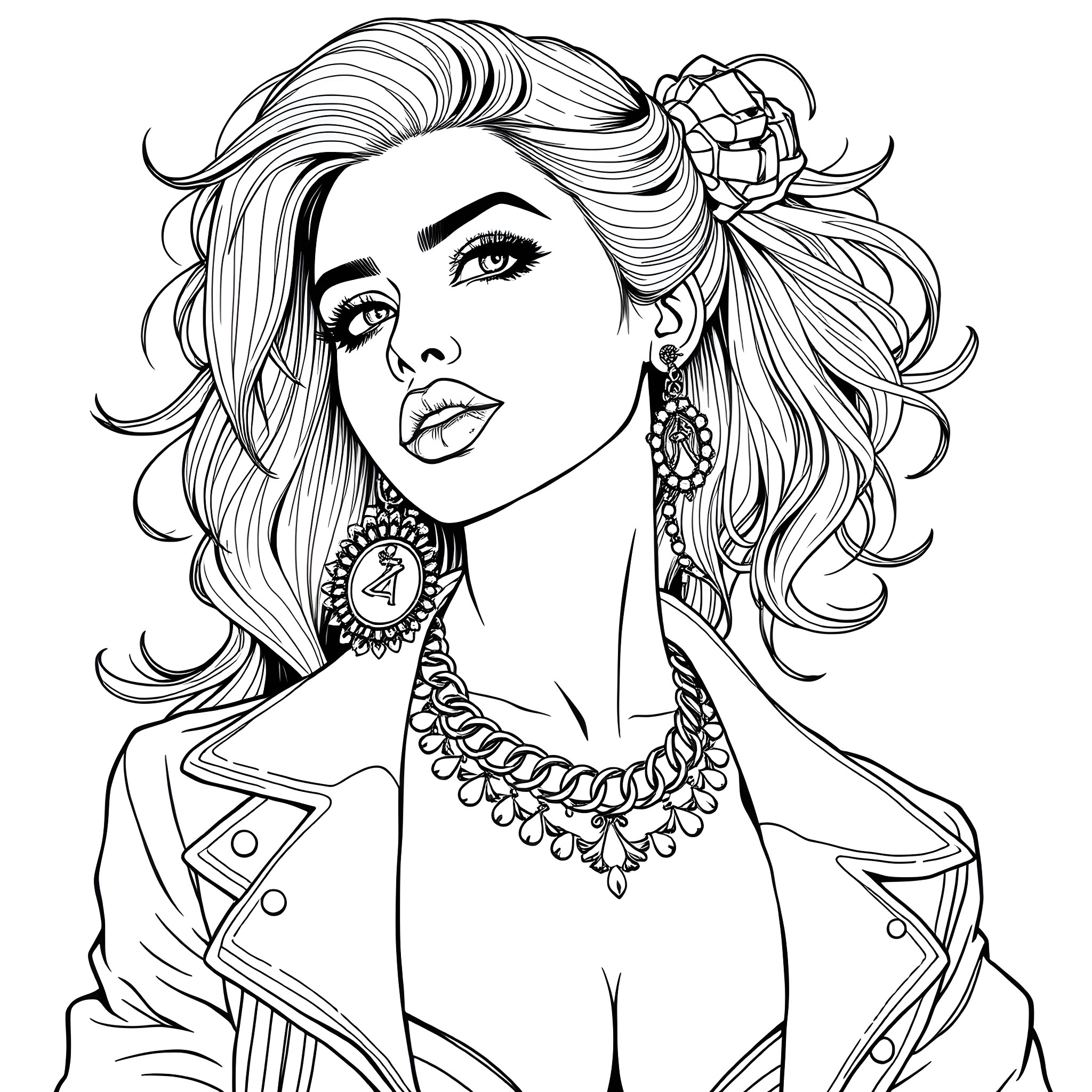 Girl with elaborate hairstyle and jewelry Coloring Page (free black-and-white line drawing printable PDF for all, from beginners to advanced learners, including children, teens, adults, and seniors)