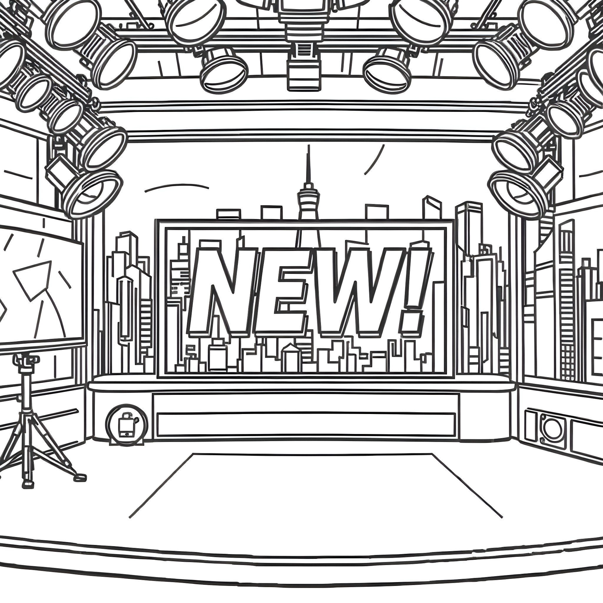 News scene with studio lights and cityscape backdrop Coloring Page (free black-and-white line drawing printable PDF for all, from beginners to advanced learners, including children, teens, adults, and seniors)