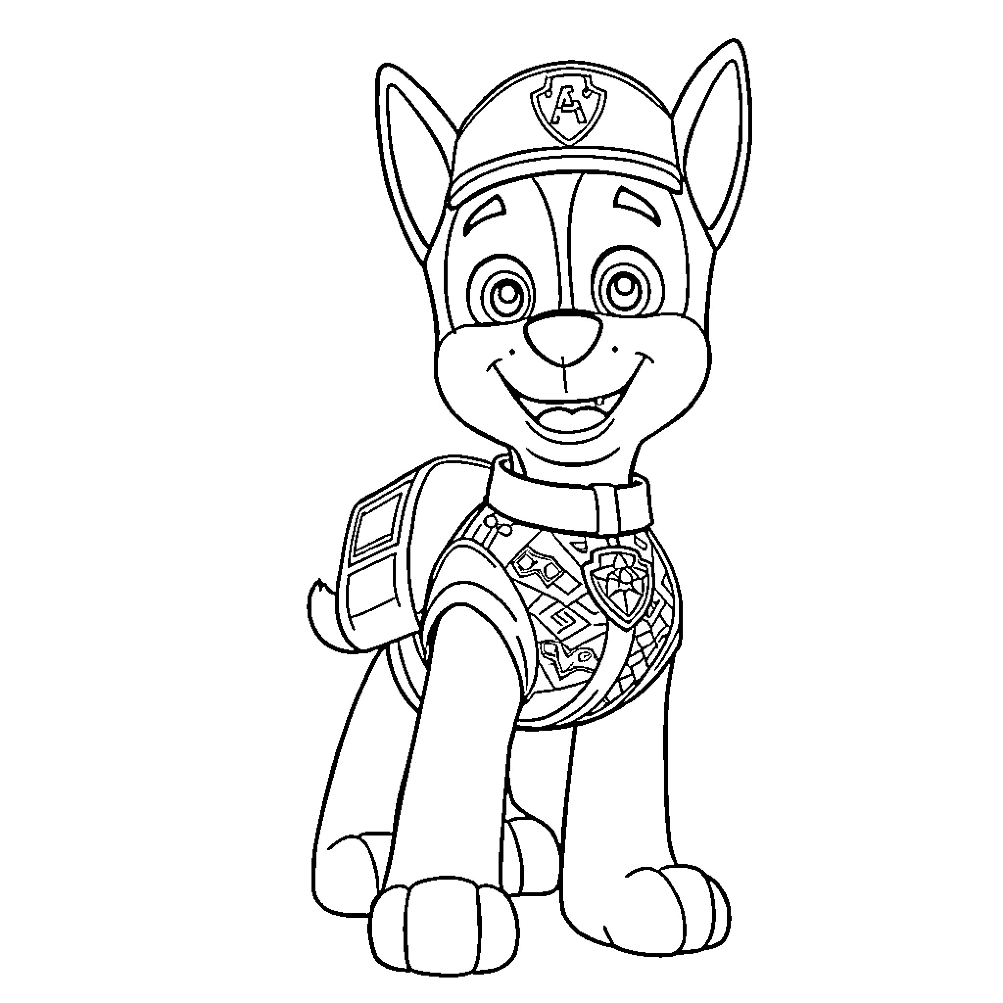 Chase Pup's Playful Adventure Coloring Page (free black-and-white line drawing printable PDF for all, from beginners to advanced learners, including children, teens, adults, and seniors)