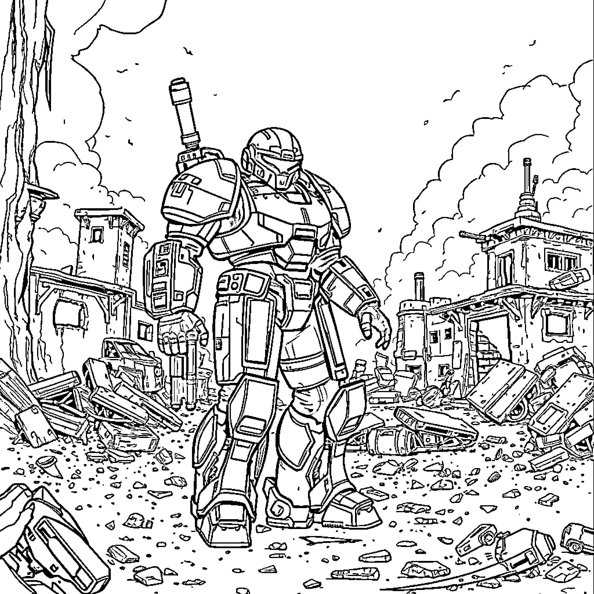 Power Armor Warrior Navigating Ruined Cityscape Coloring Page (free black-and-white line drawing printable PDF for all, from beginners to advanced learners, including children, teens, adults, and seniors)