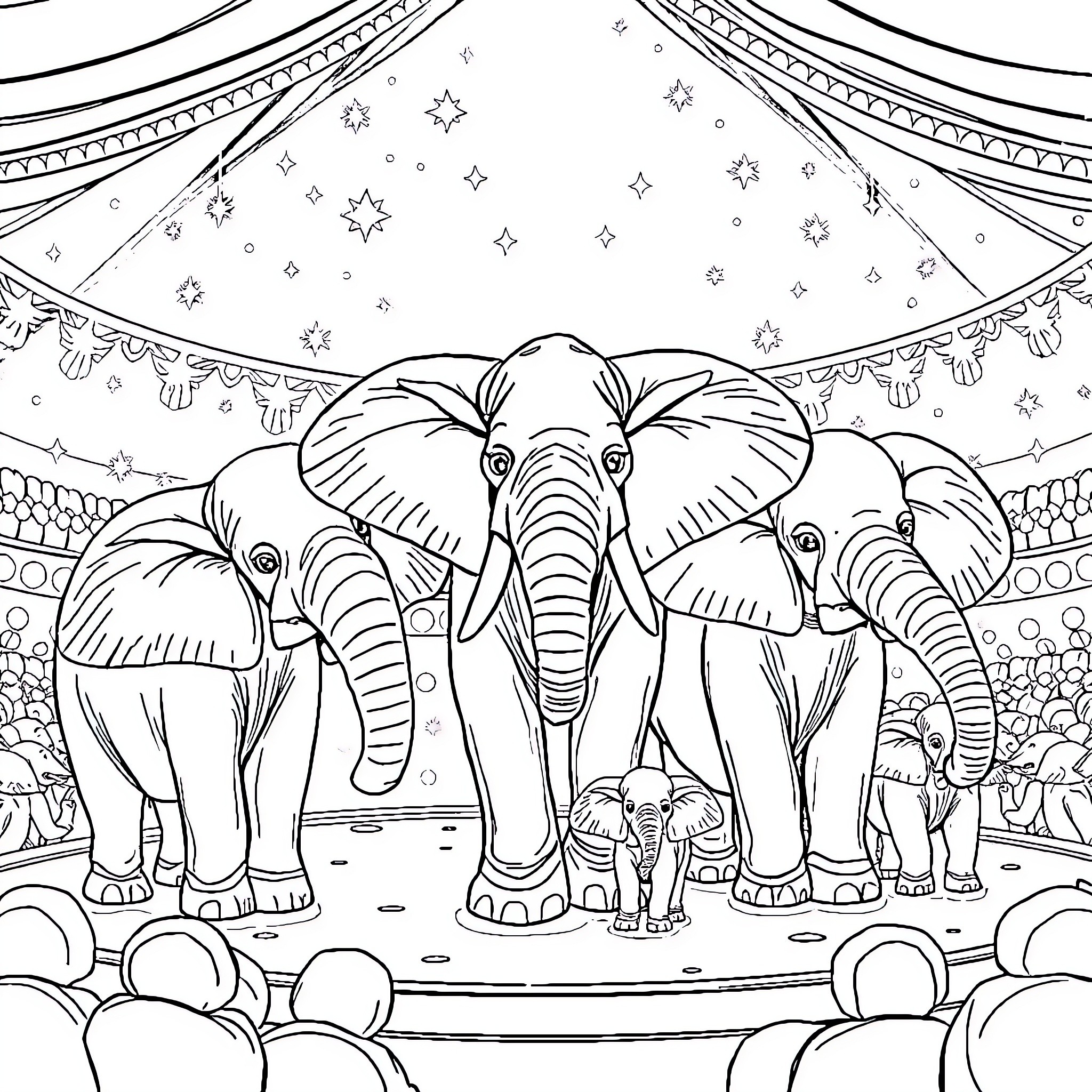 Elephant Family Performs in Circus Tent Coloring Page (free black-and-white line drawing printable PDF for all, from beginners to advanced learners, including children, teens, adults, and seniors)