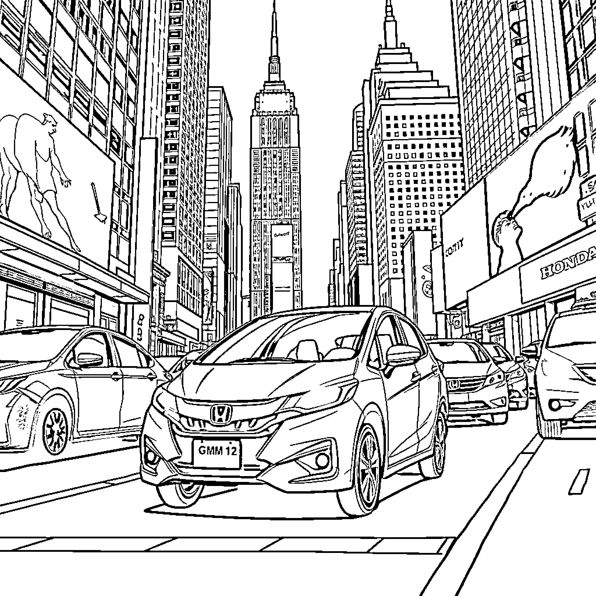 Honda City in bustling New York cityscape Coloring Page (free black-and-white line drawing printable PDF for all, from beginners to advanced learners, including children, teens, adults, and seniors)