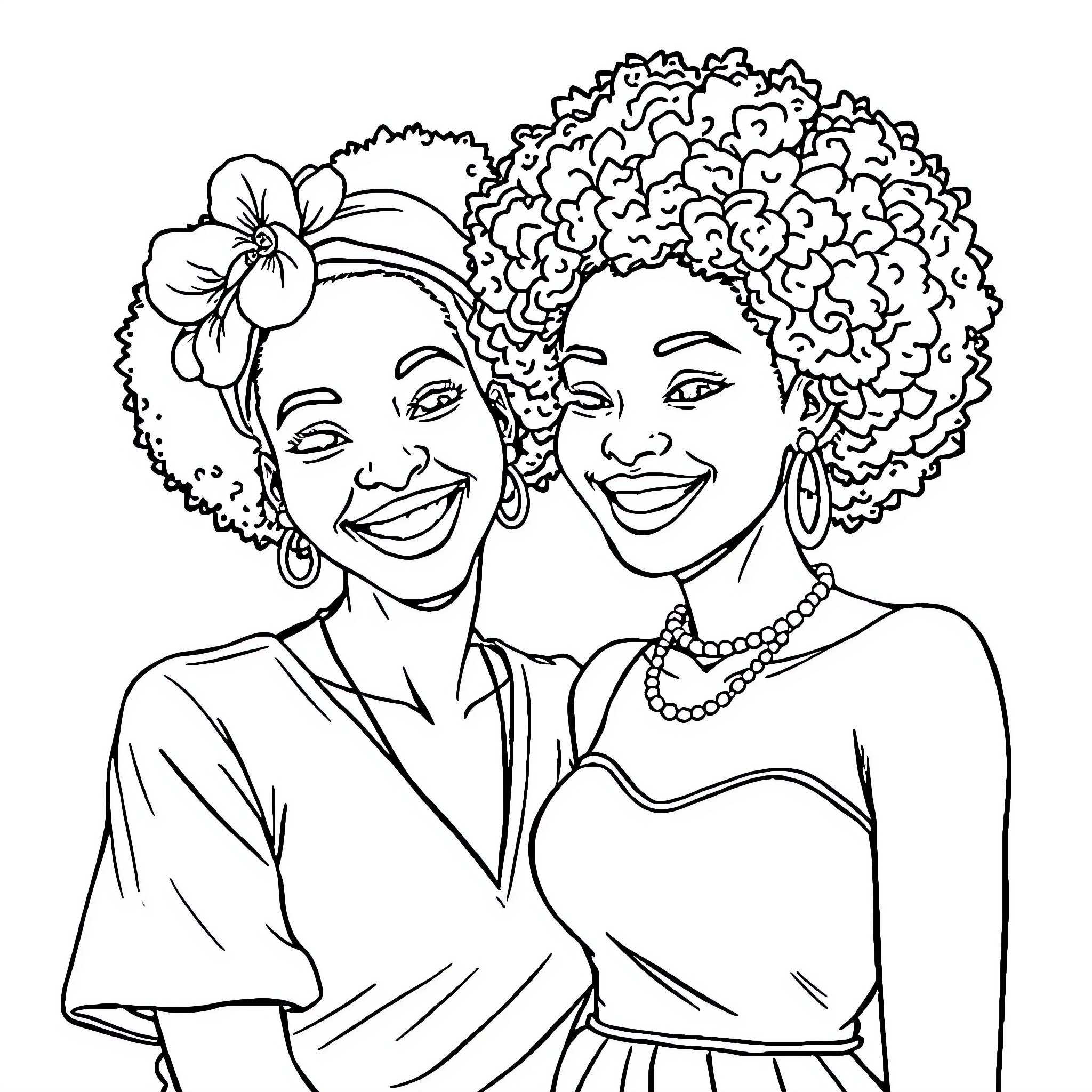 Sisters sharing a joyful moment Coloring Page (free black-and-white line drawing printable PDF for all, from beginners to advanced learners, including children, teens, adults, and seniors)