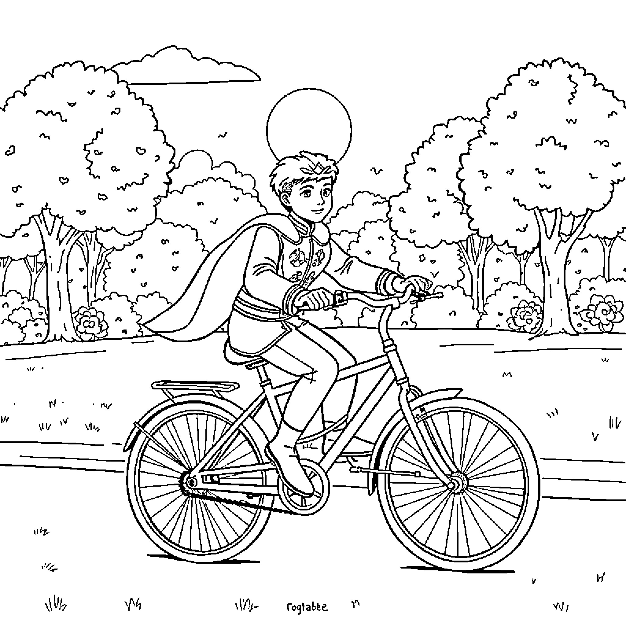 Prince Riding a Bicycle in the Park Coloring Page (free black-and-white line drawing printable PDF for all, from beginners to advanced learners, including children, teens, adults, and seniors)