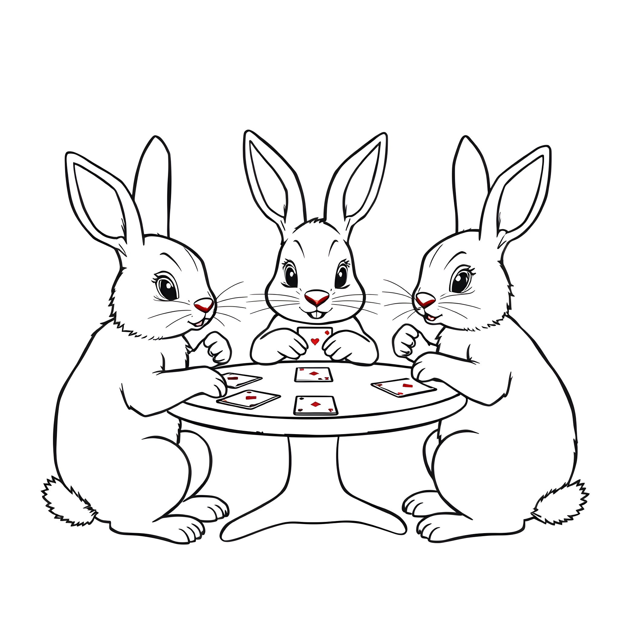 Bunny friends playing cards together Coloring Page (free black-and-white line drawing printable PDF for all, from beginners to advanced learners, including children, teens, adults, and seniors)
