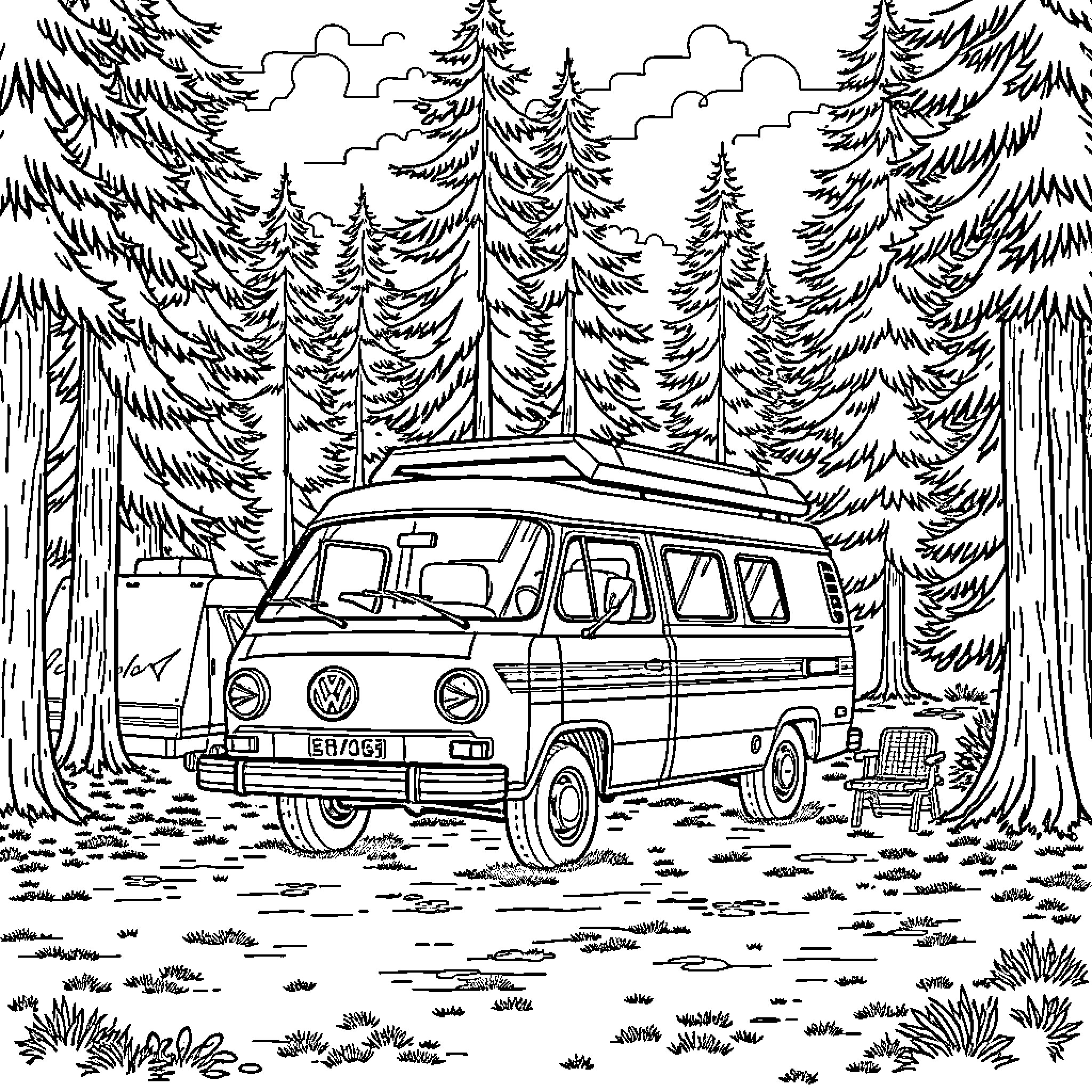 VW Bus camping in the forest Coloring Page (free black-and-white line drawing printable PDF for all, from beginners to advanced learners, including children, teens, adults, and seniors)