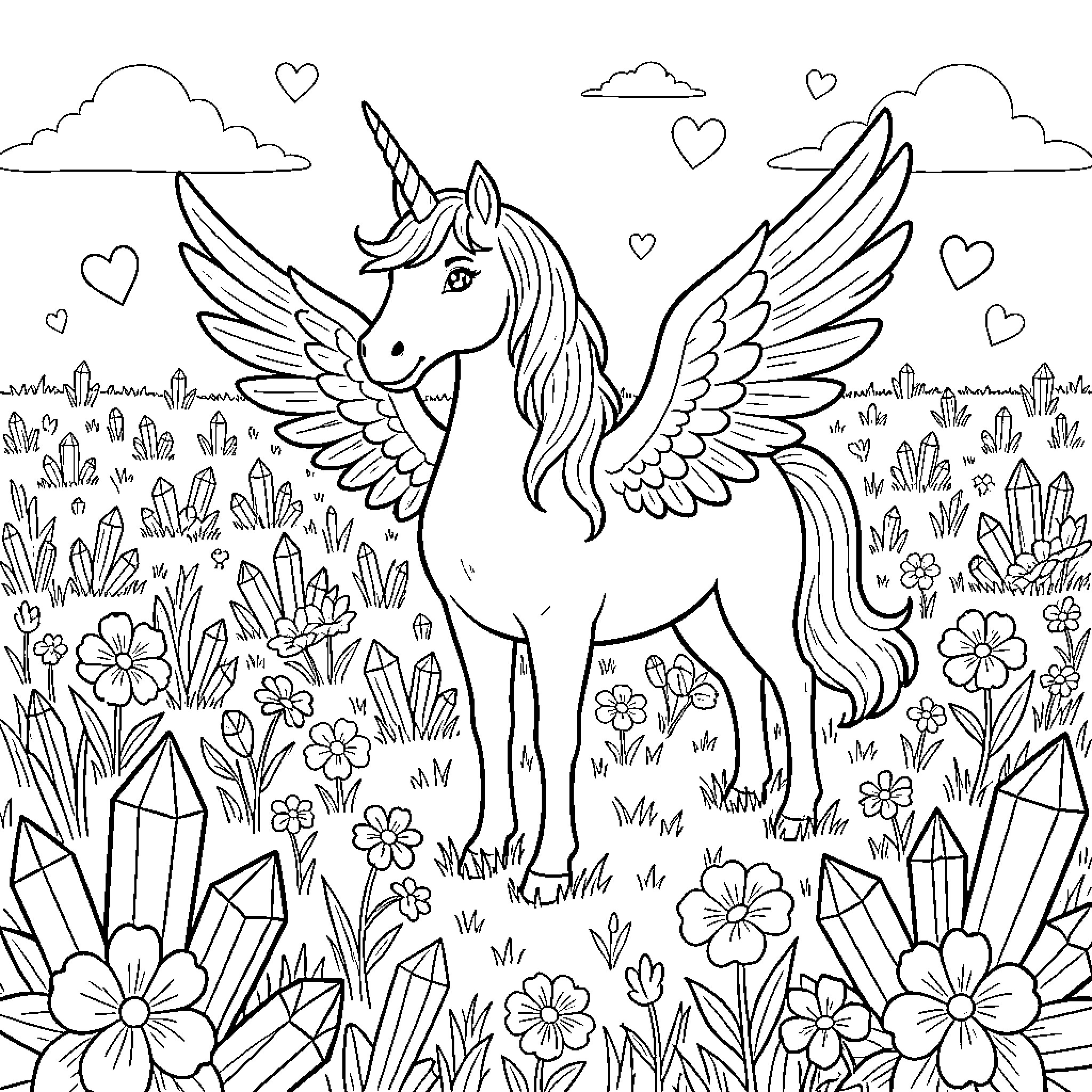 Unicorn standing majestically in a field of crystals and flowers Coloring Page (free black-and-white line drawing printable PDF for all, from beginners to advanced learners, including children, teens, adults, and seniors)