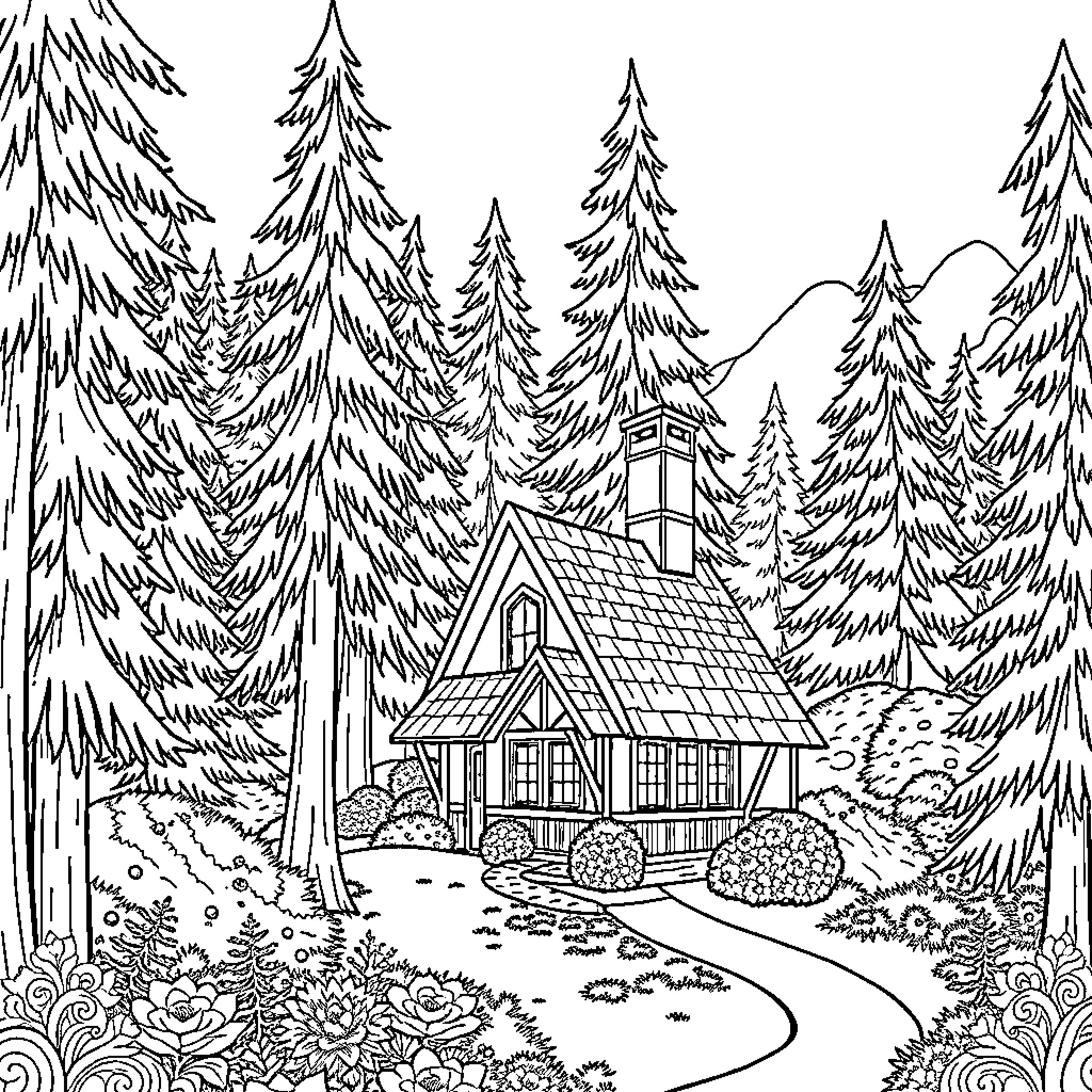 Cottage in the Enchanting Forest Coloring Page (free black-and-white line drawing printable PDF for all, from beginners to advanced learners, including children, teens, adults, and seniors)