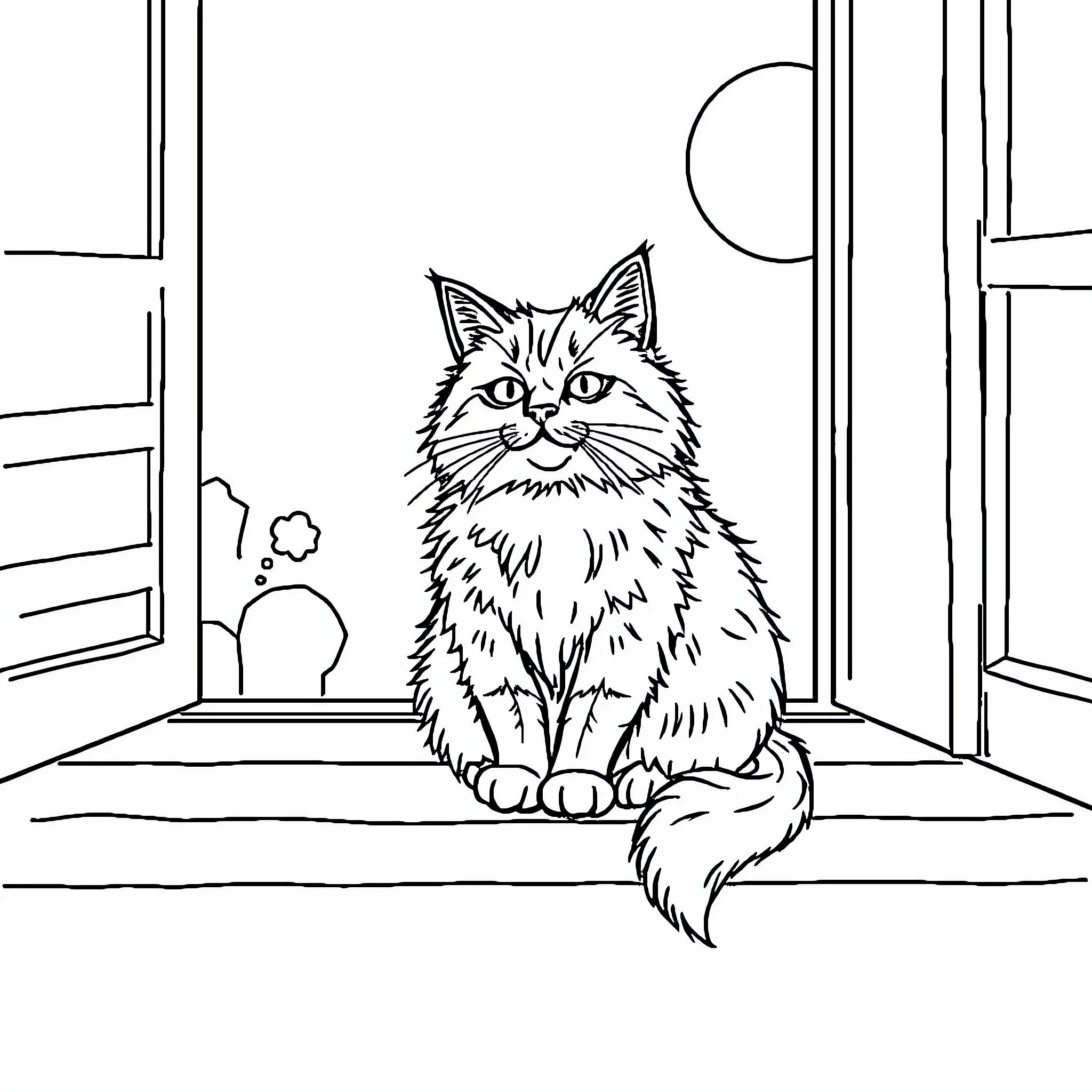 Cat gazing calmly through the window Coloring Page (free black-and-white line drawing printable PDF for all, from beginners to advanced learners, including children, teens, adults, and seniors)