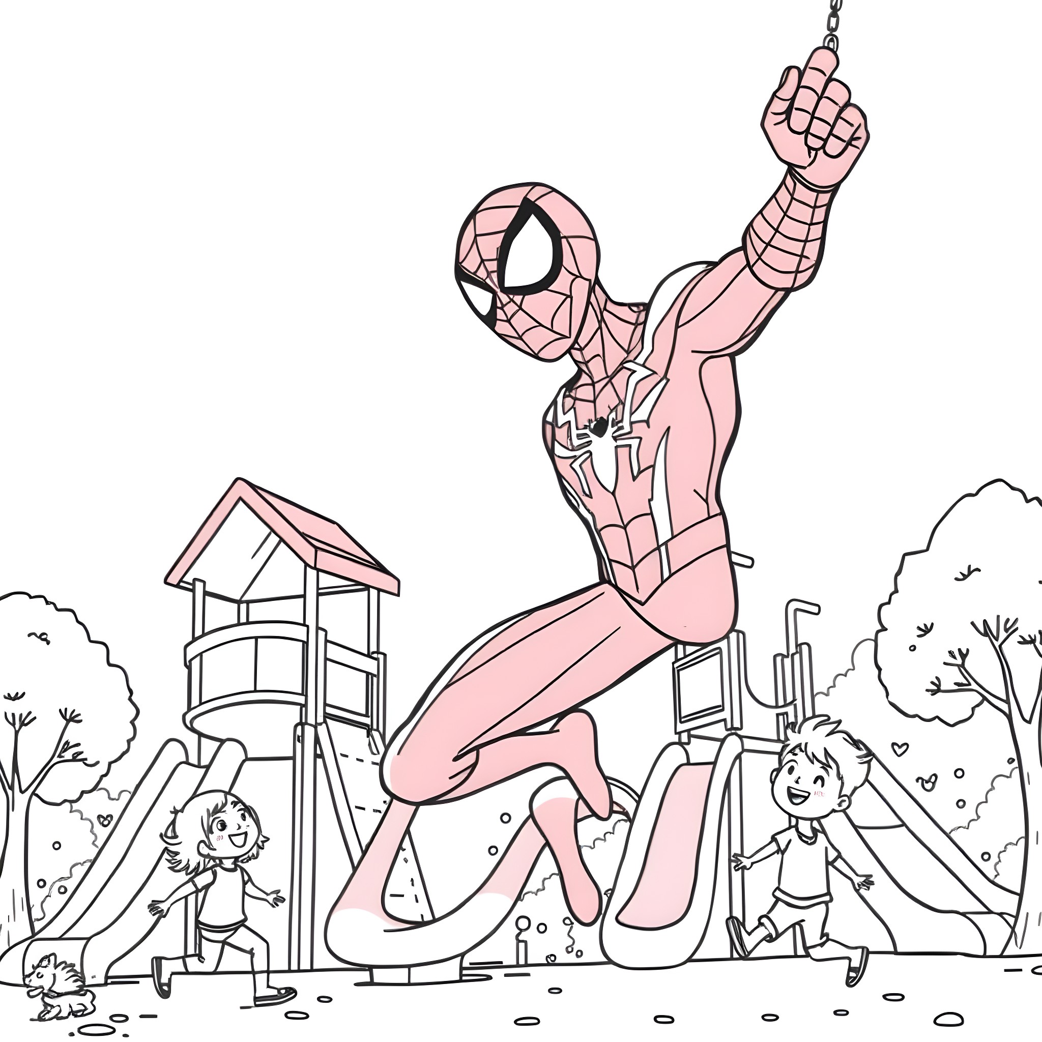 Spiderman swinging joyfully at the playground Coloring Page (free black-and-white line drawing printable PDF for all, from beginners to advanced learners, including children, teens, adults, and seniors)