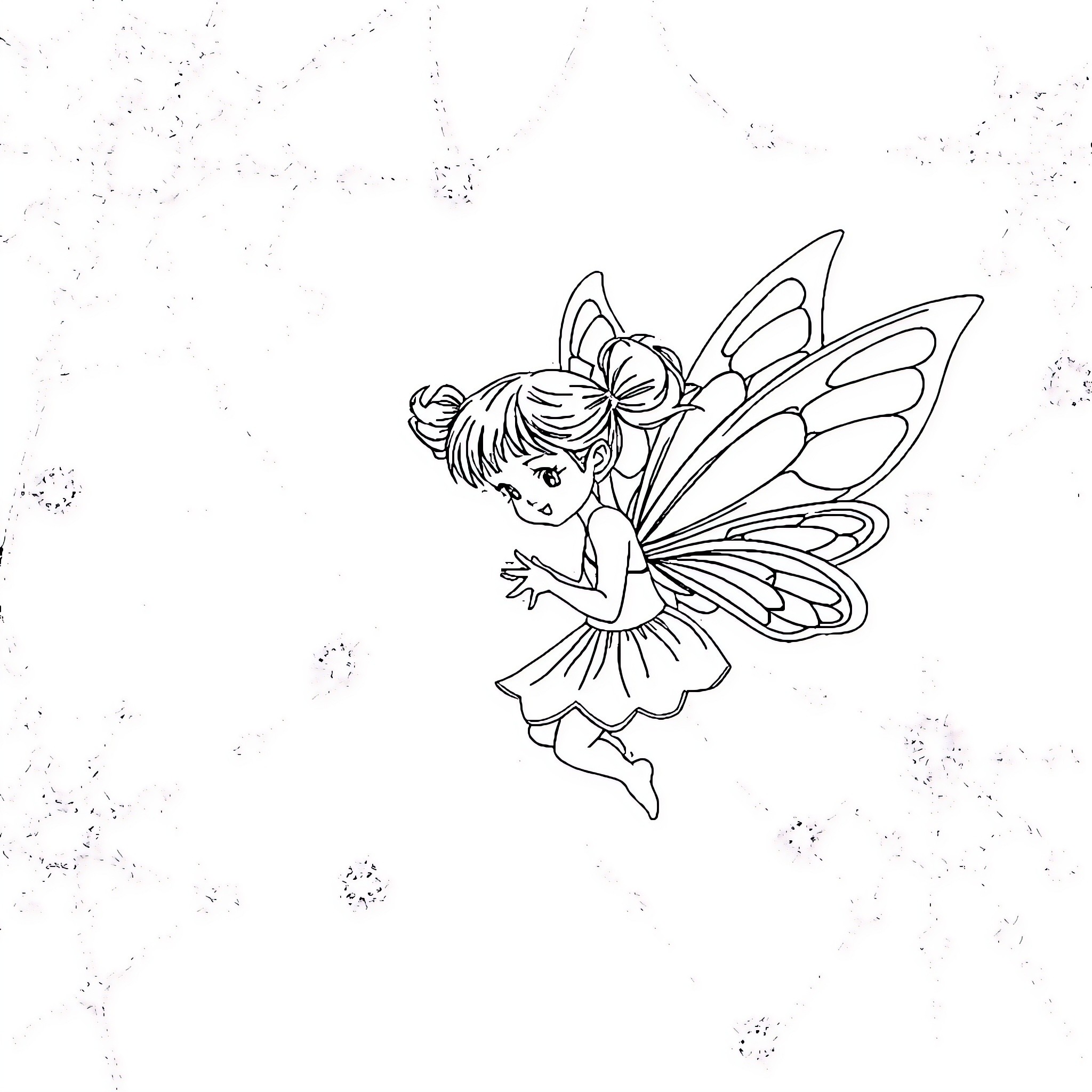 Fairy flying gracefully in the sky Coloring Page (free black-and-white line drawing printable PDF for all, from beginners to advanced learners, including children, teens, adults, and seniors)